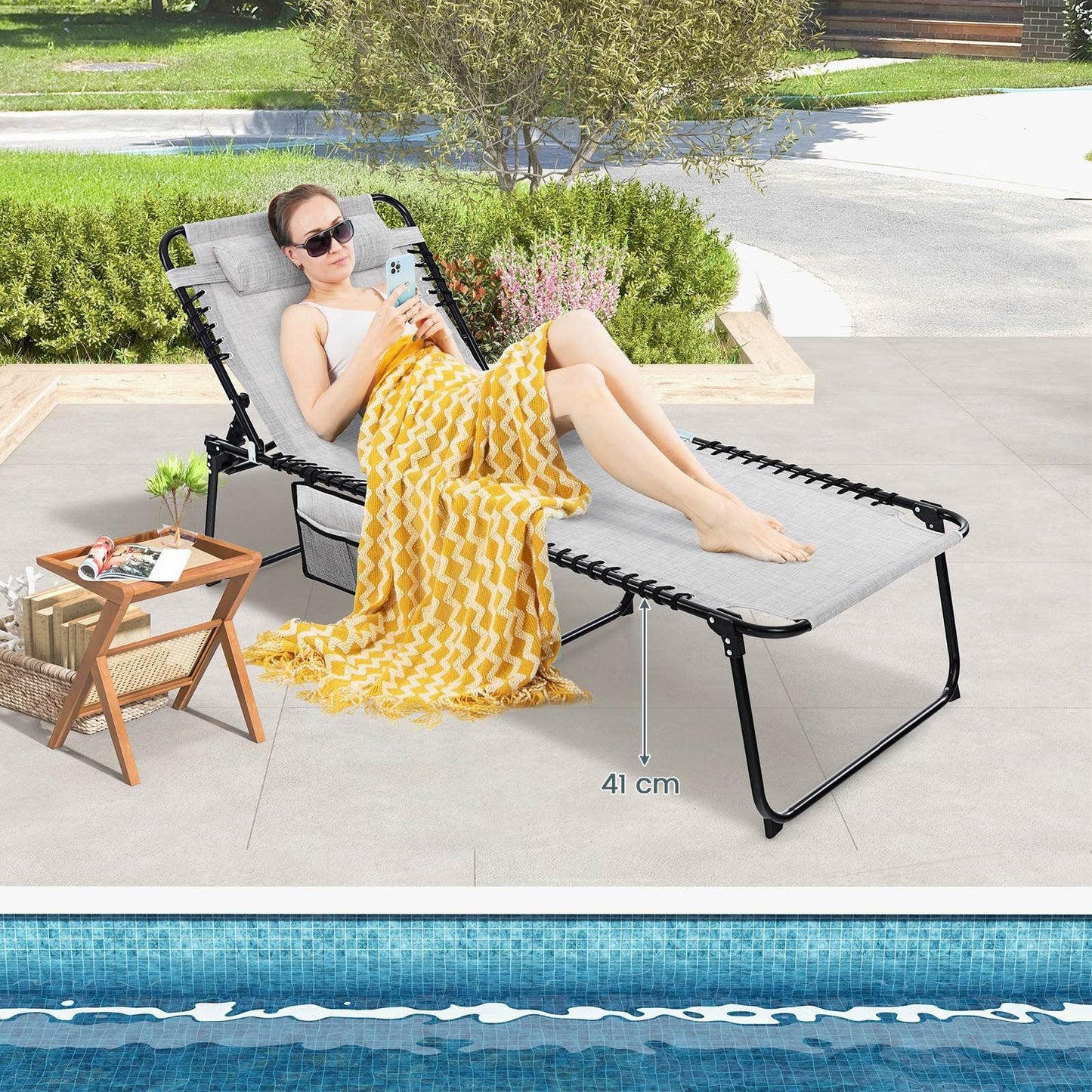 Patio Folding Chaise Lounge with 4-Level Backrest & Detachable Headrest Outdoor(59cm)