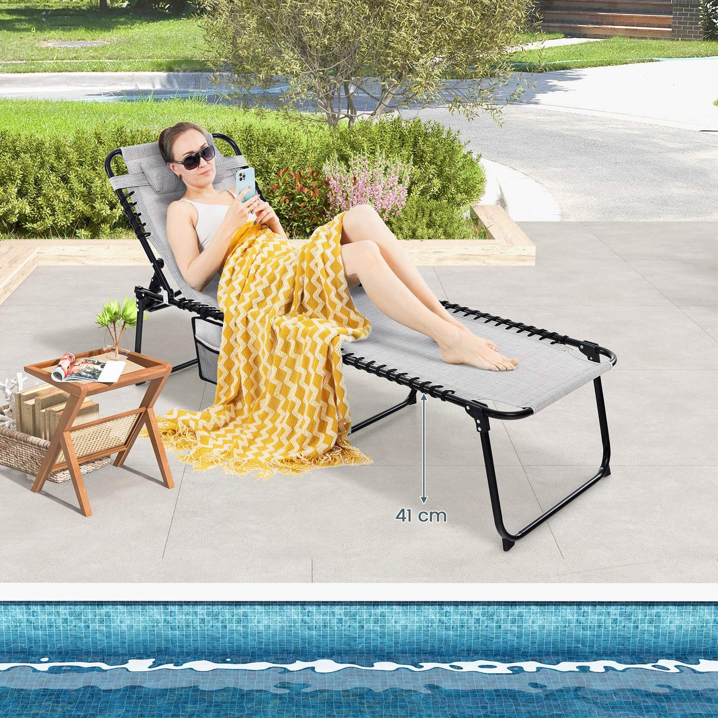 Patio Folding Chaise Lounge with 4-Level Backrest & Detachable Headrest Outdoor(70cm)