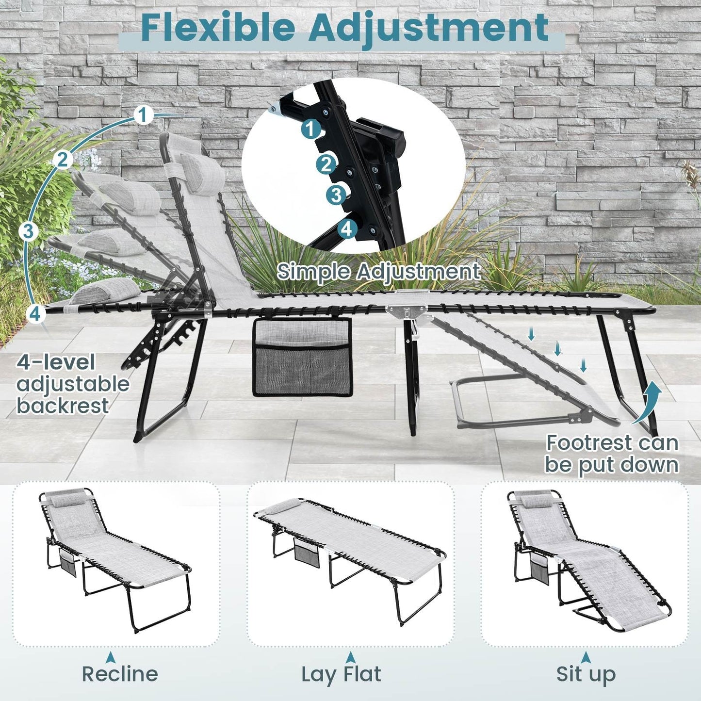 Patio Folding Chaise Lounge with 4-Level Backrest & Detachable Headrest Outdoor(59cm)