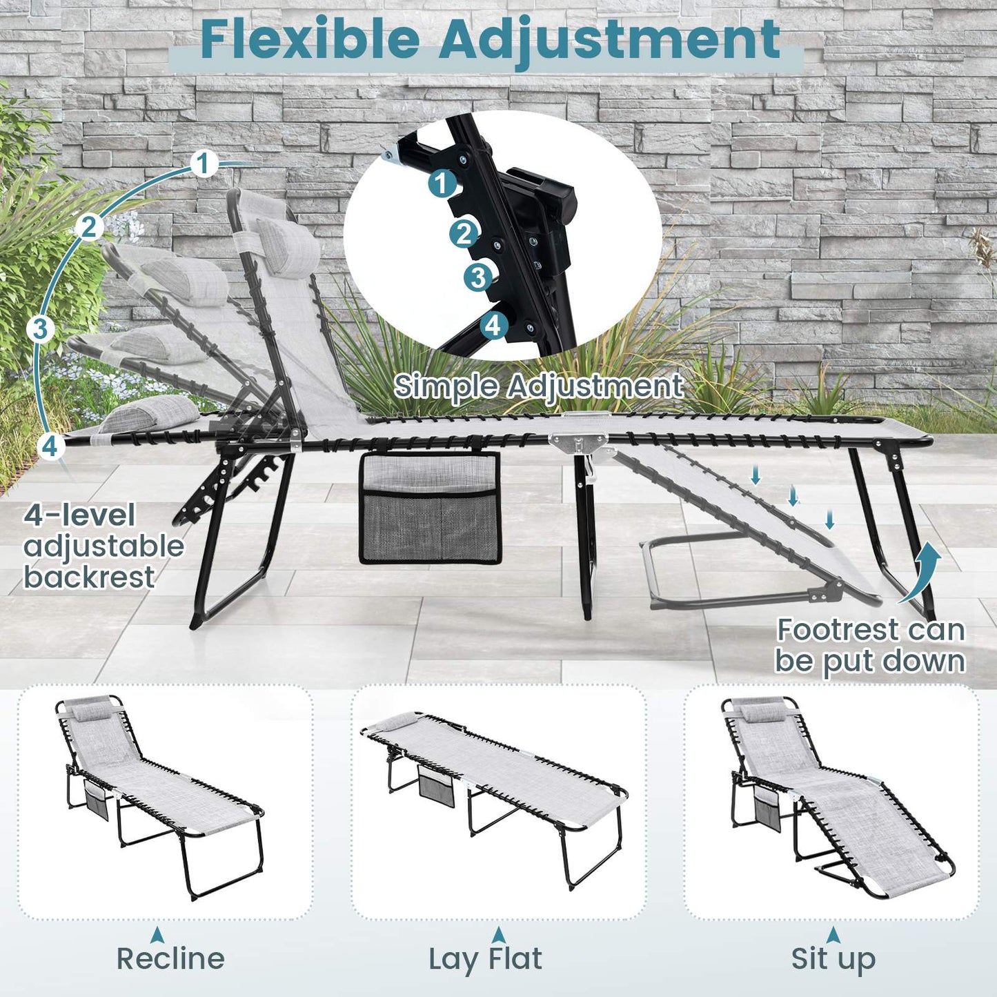 Patio Folding Chaise Lounge with 4-Level Backrest & Detachable Headrest Outdoor(70cm)