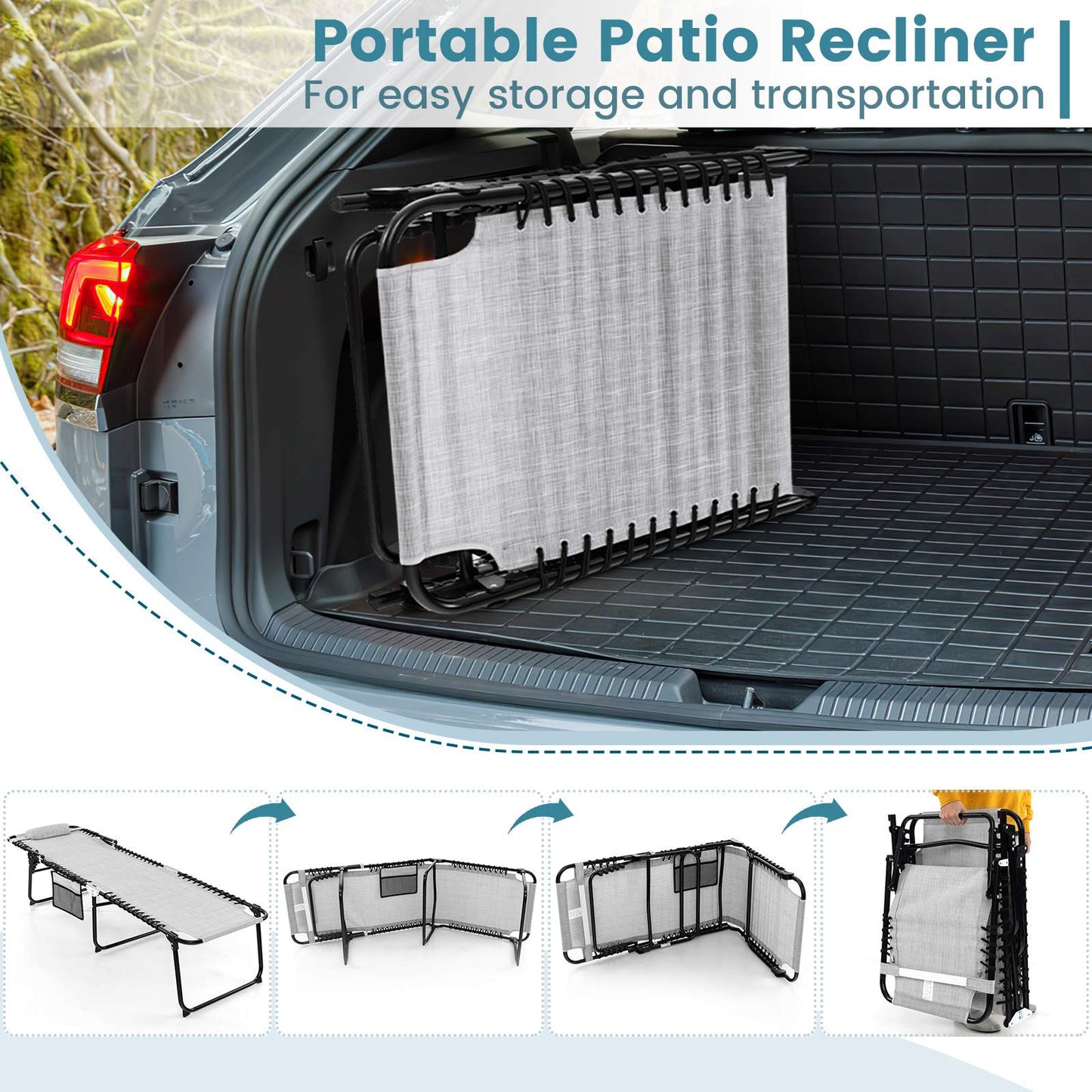 Patio Folding Chaise Lounge with 4-Level Backrest & Detachable Headrest Outdoor(70cm)