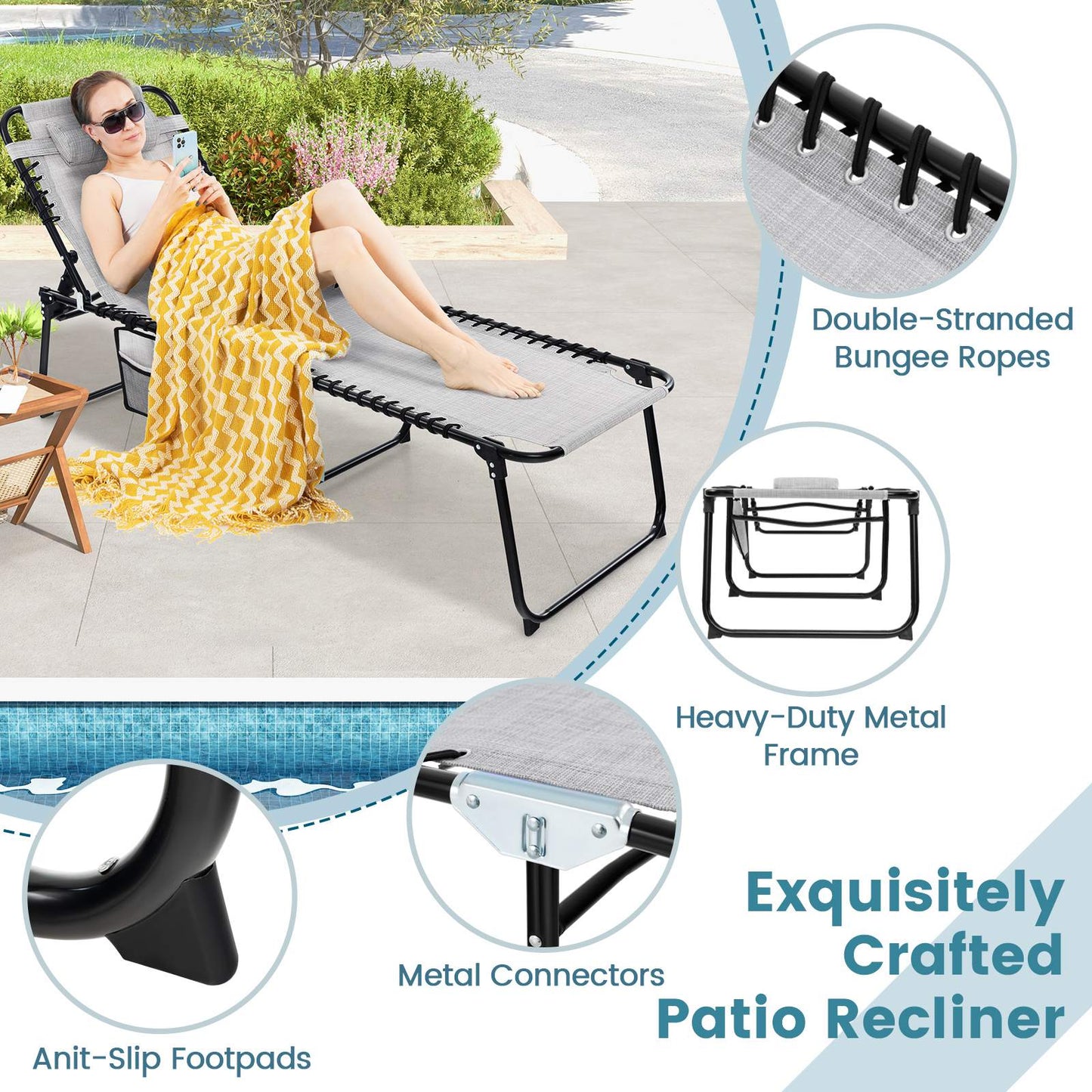 Patio Folding Chaise Lounge with 4-Level Backrest & Detachable Headrest Outdoor(70cm)