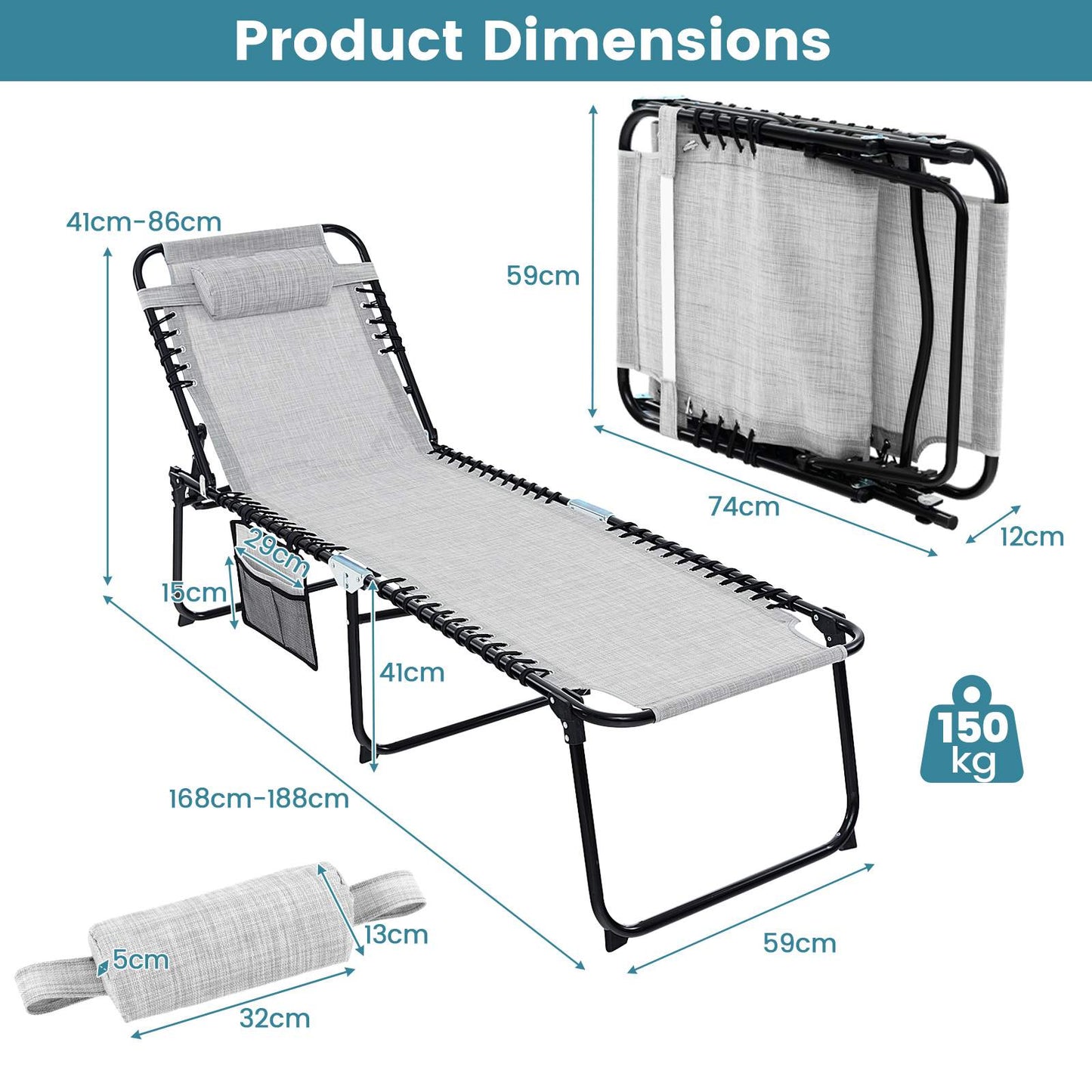 Patio Folding Chaise Lounge with 4-Level Backrest & Detachable Headrest Outdoor(59cm)