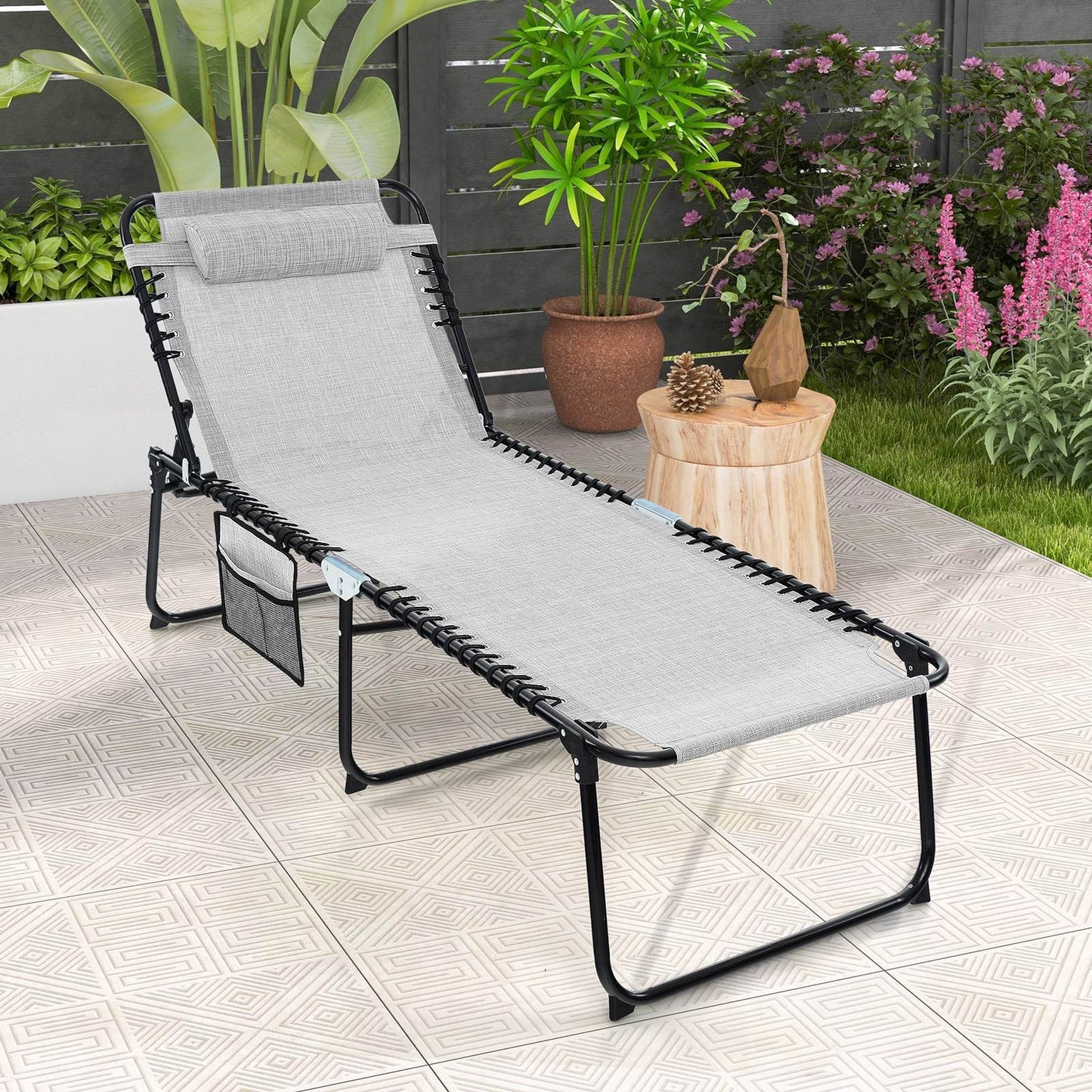 Patio Folding Chaise Lounge with 4-Level Backrest & Detachable Headrest Outdoor(59cm)