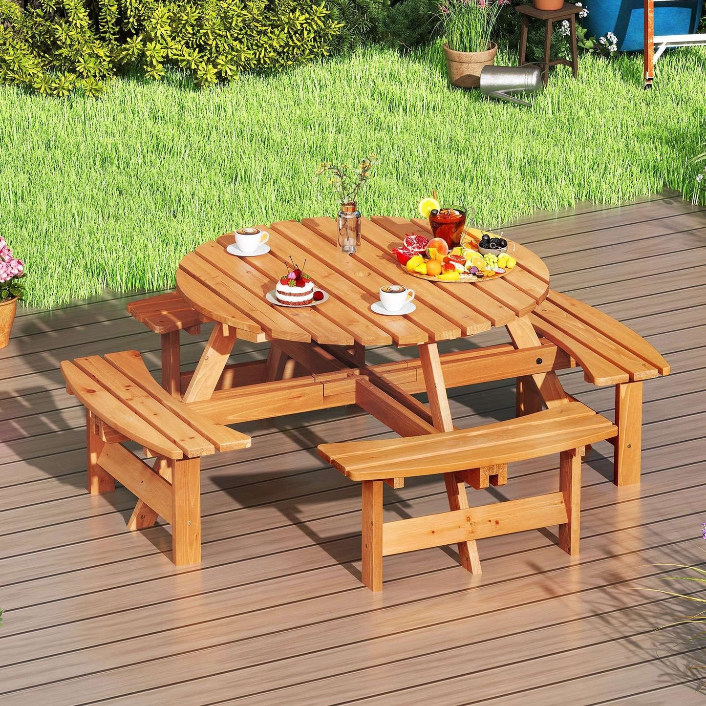 Round Picnic Table Set Patio Dining Camping Table w/ Built-in 4 Benches