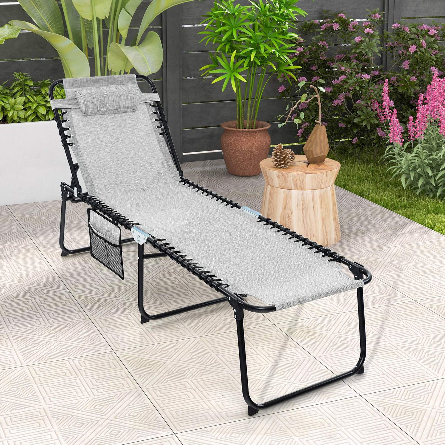 Patio Folding Chaise Lounge with 4-Level Backrest & Detachable Headrest Outdoor(70cm)