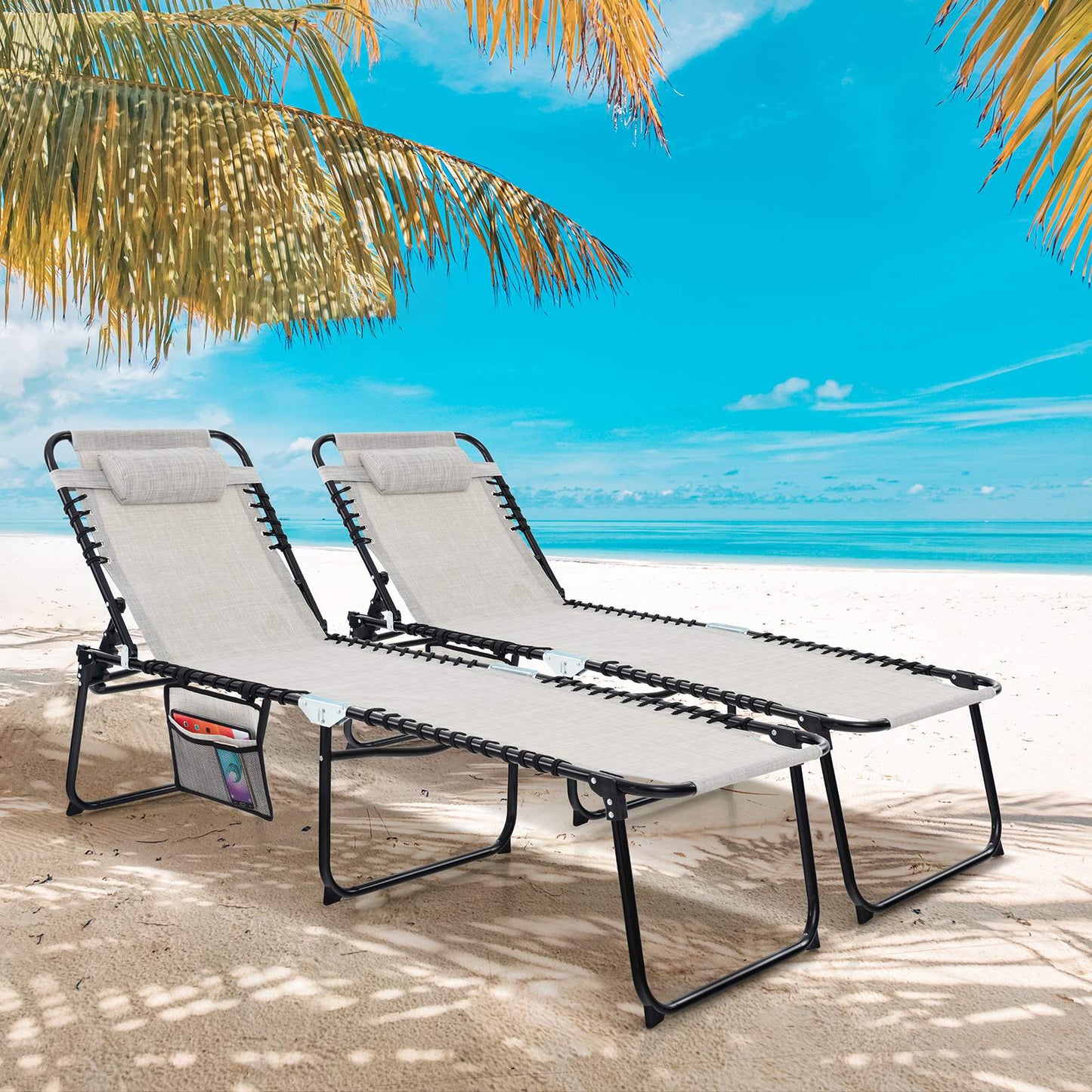 Patio Folding Chaise Lounge with 4-Level Backrest & Detachable Headrest Outdoor(70cm)