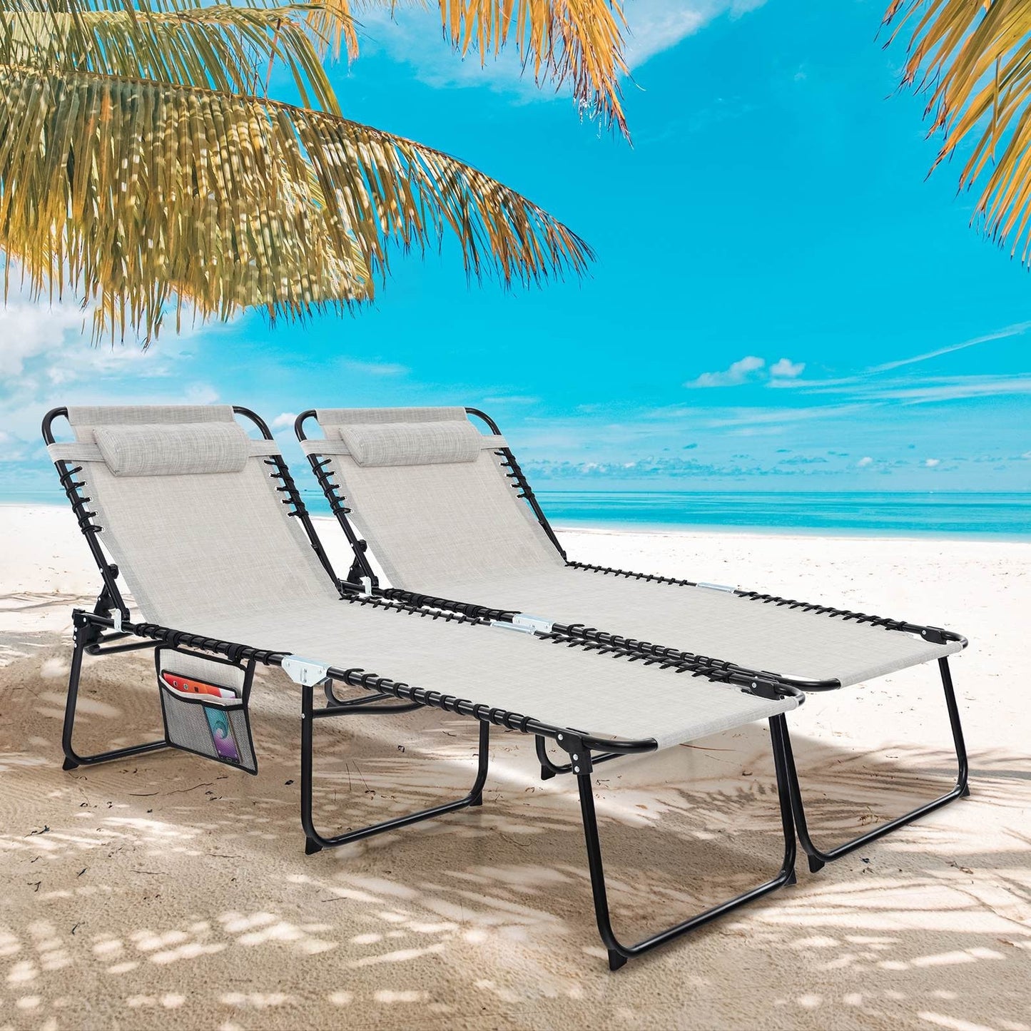Patio Folding Chaise Lounge with 4-Level Backrest & Detachable Headrest Outdoor(59cm)