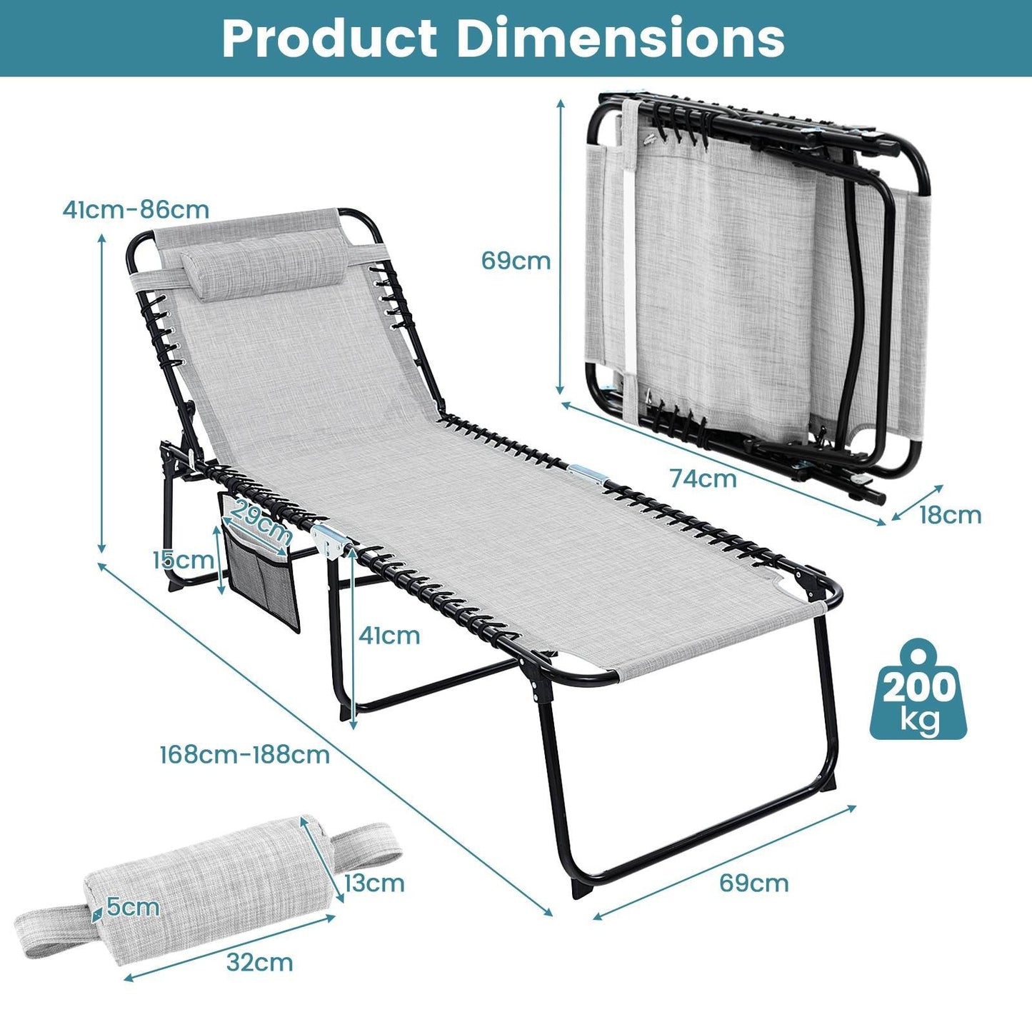 Patio Folding Chaise Lounge with 4-Level Backrest & Detachable Headrest Outdoor(70cm)