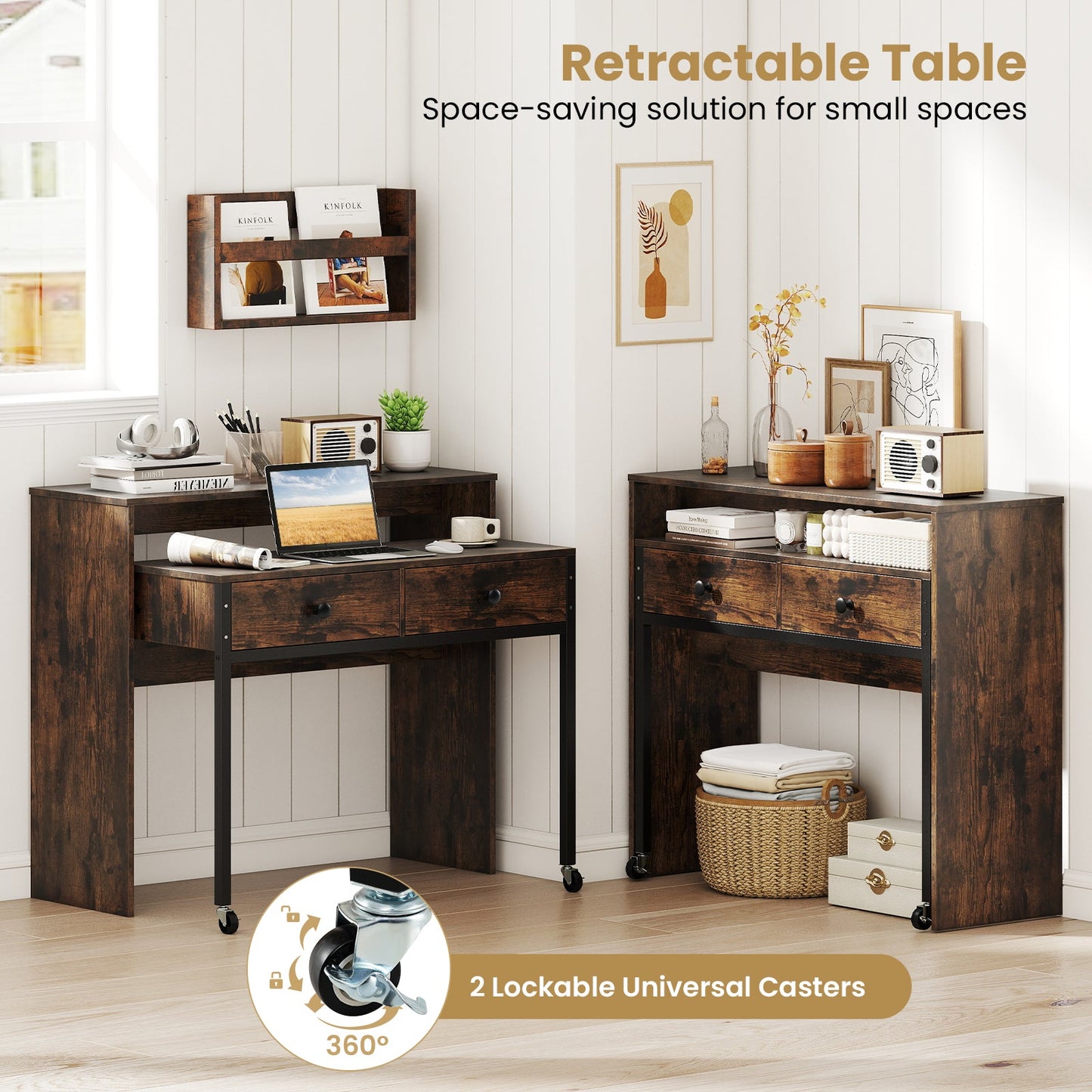 Extending Writing Desk, Console Table with 2 Drawers