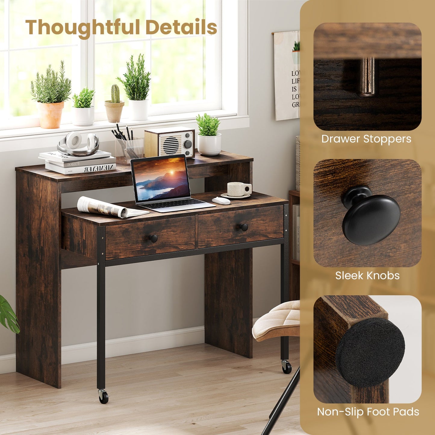Extending Writing Desk, Console Table with 2 Drawers