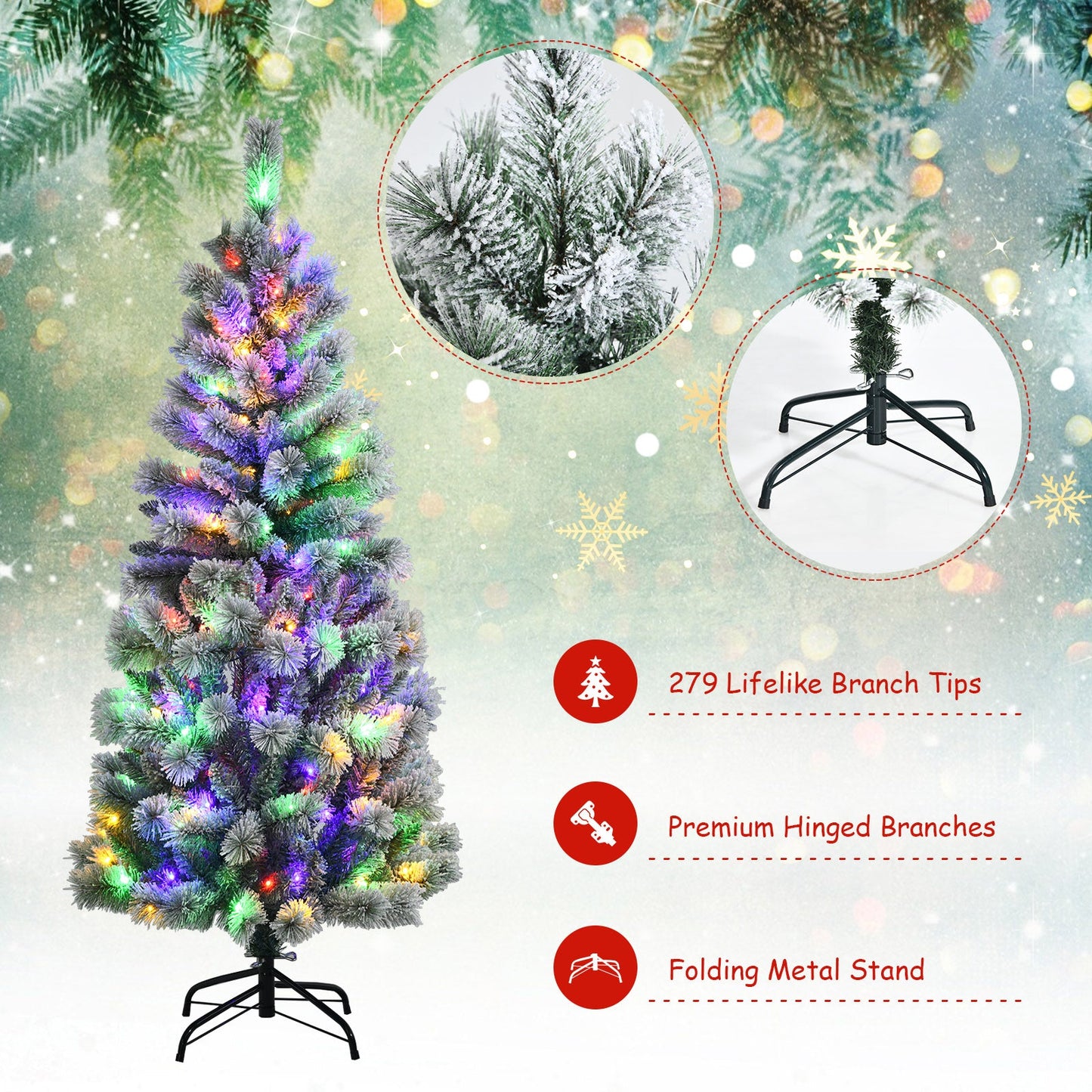 1.5M/1.8M Pre-Lit Artificial Christmas Tree Colored LED Lights Hinged Decor w/ Mixed Branches