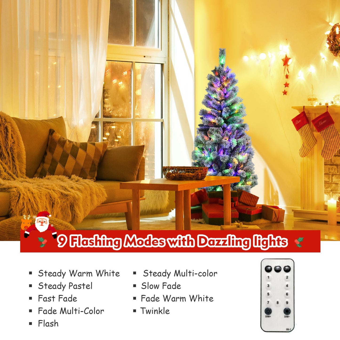1.5M/1.8M Pre-Lit Artificial Christmas Tree Colored LED Lights Hinged Decor w/ Mixed Branches