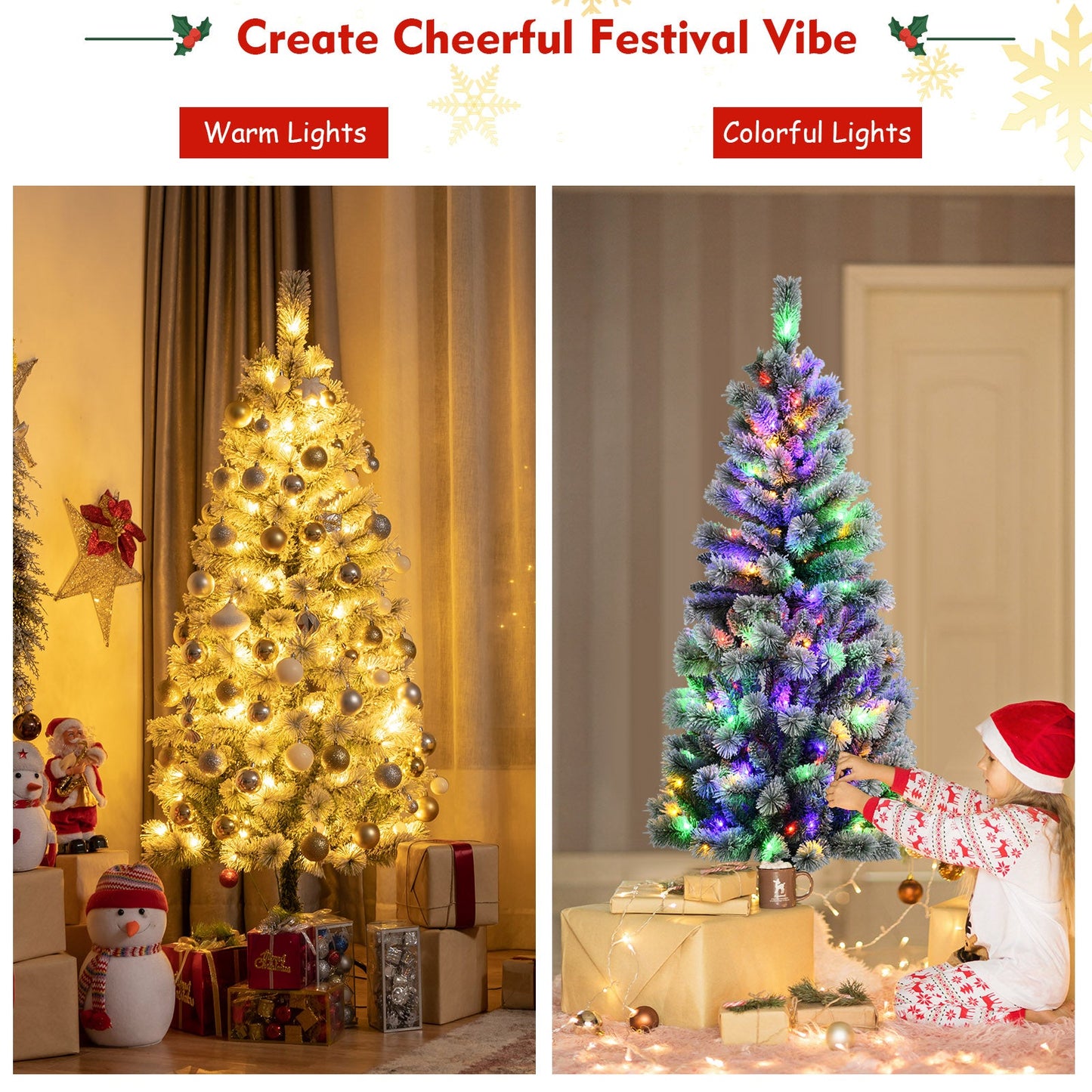 1.5M/1.8M Pre-Lit Artificial Christmas Tree Colored LED Lights Hinged Decor w/ Mixed Branches