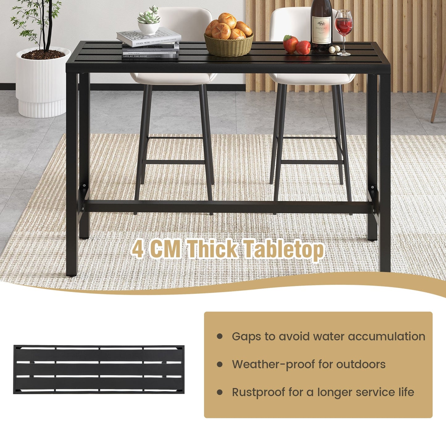 Outdoor Bar Table, 120/140 cm Rectangle Patio Counter Height Table