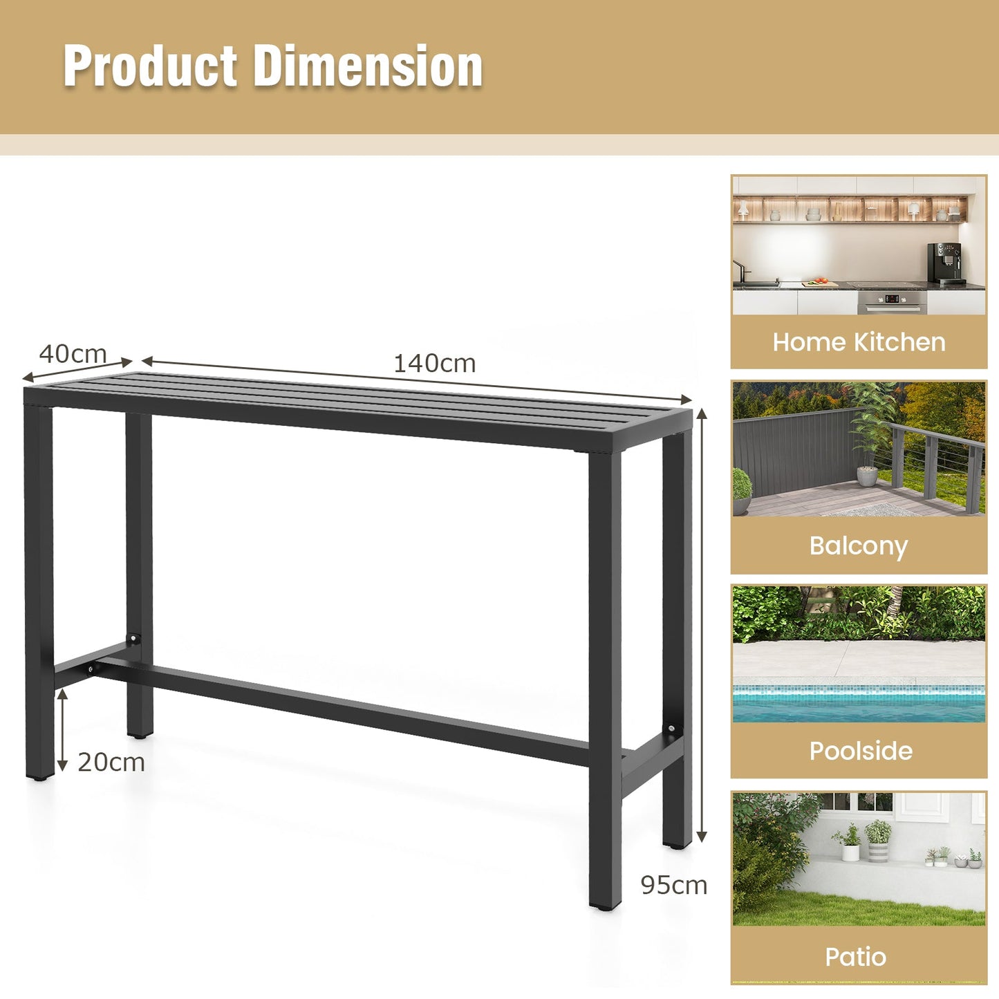 Outdoor Bar Table, 120/140 cm Rectangle Patio Counter Height Table