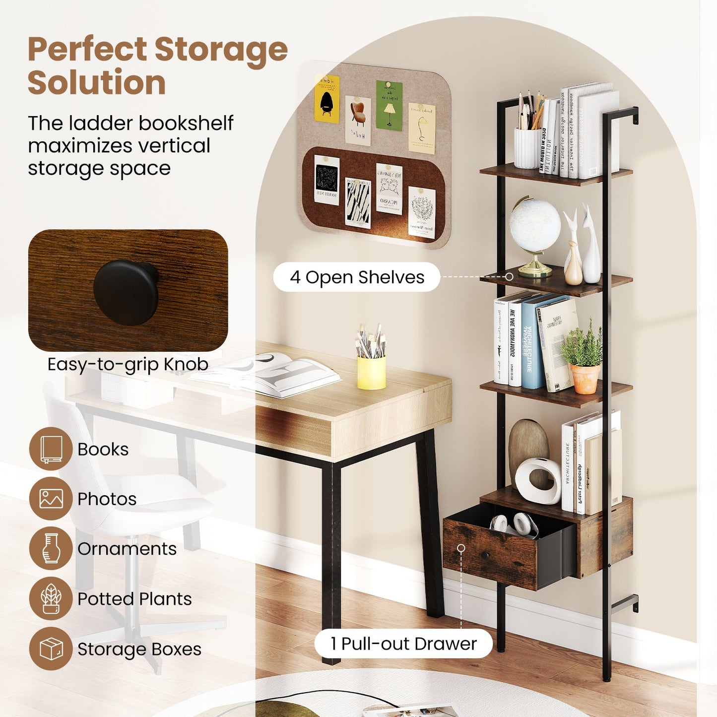5-Tier Ladder Bookcase with Drawer