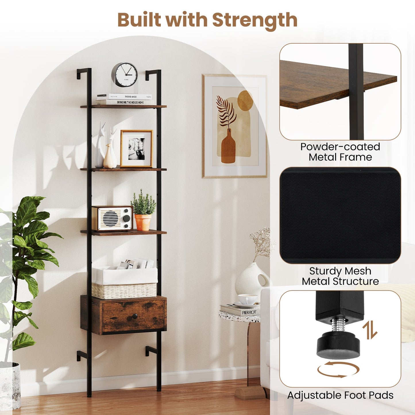 5-Tier Ladder Bookcase with Drawer