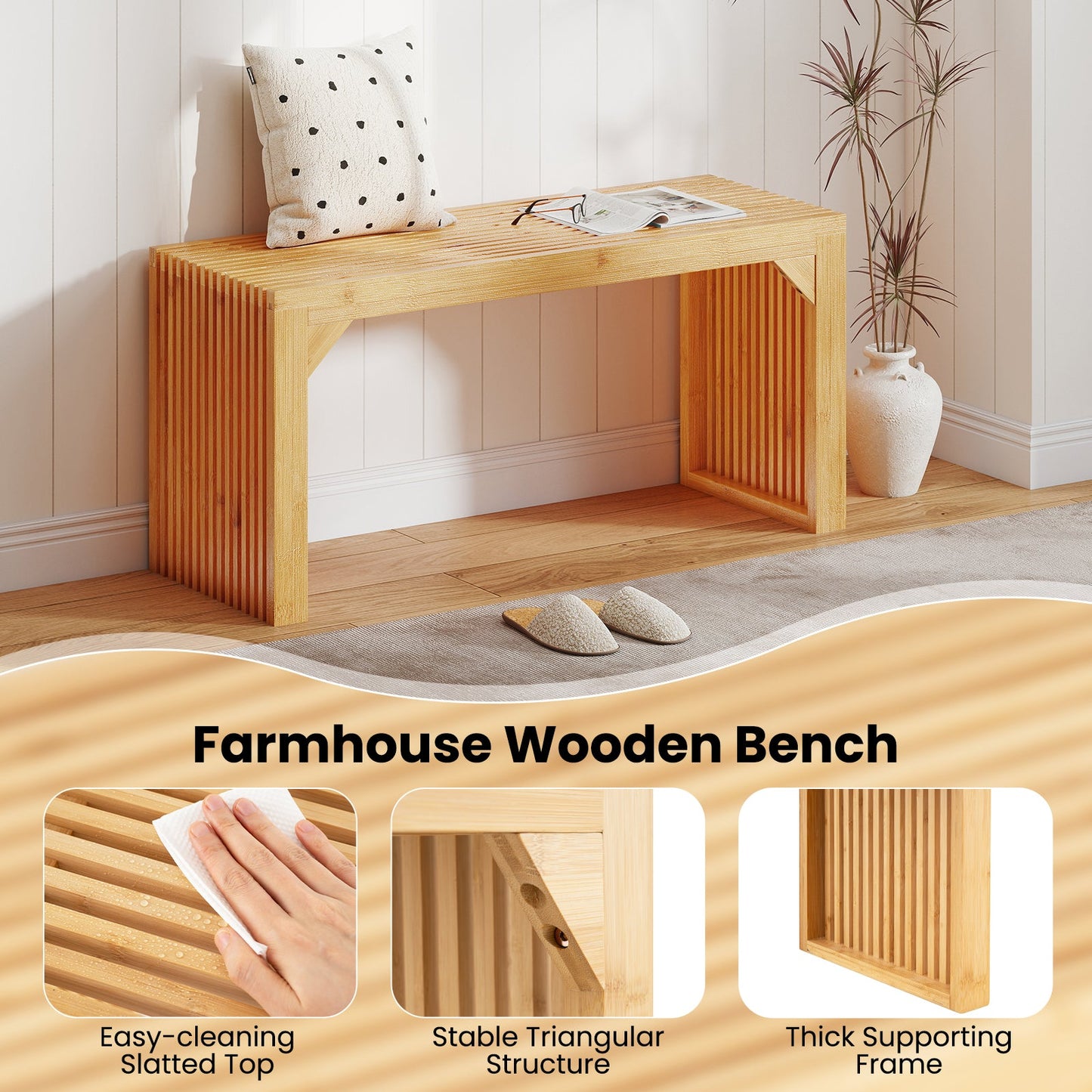 Bamboo Dining Bench, 90cm Long Entryway Bench