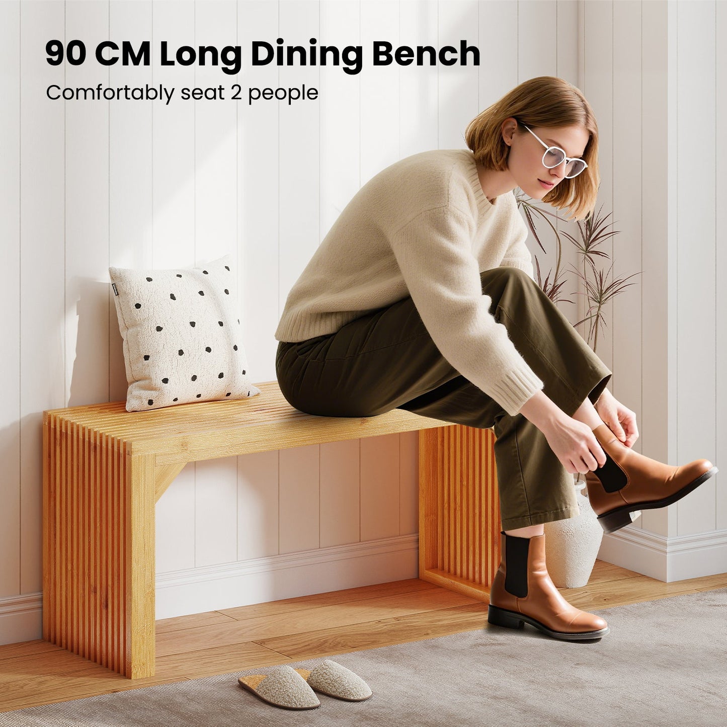 Bamboo Dining Bench, 90cm Long Entryway Bench