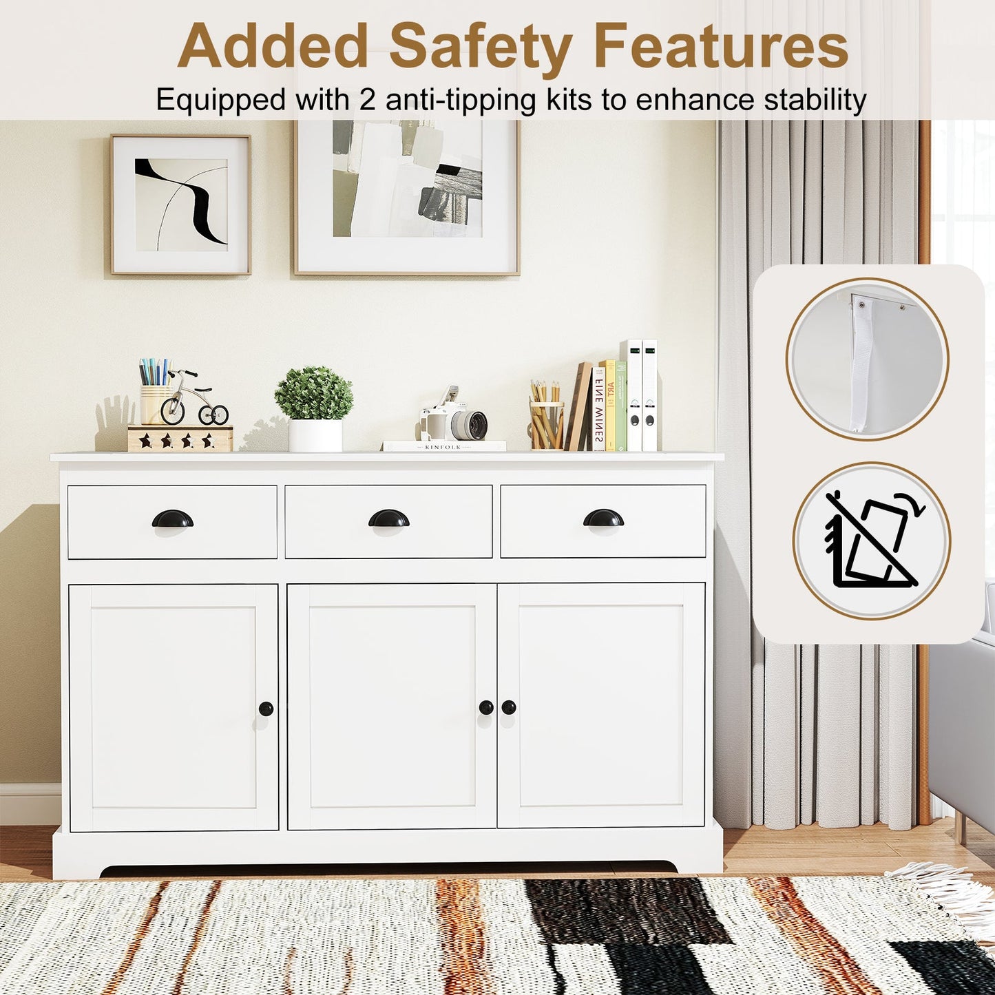 Modern Buffet Sideboard, 1.4m Storage Cabinet with 3 Drawers, 3 Doors & 2 Adjustable Shelves