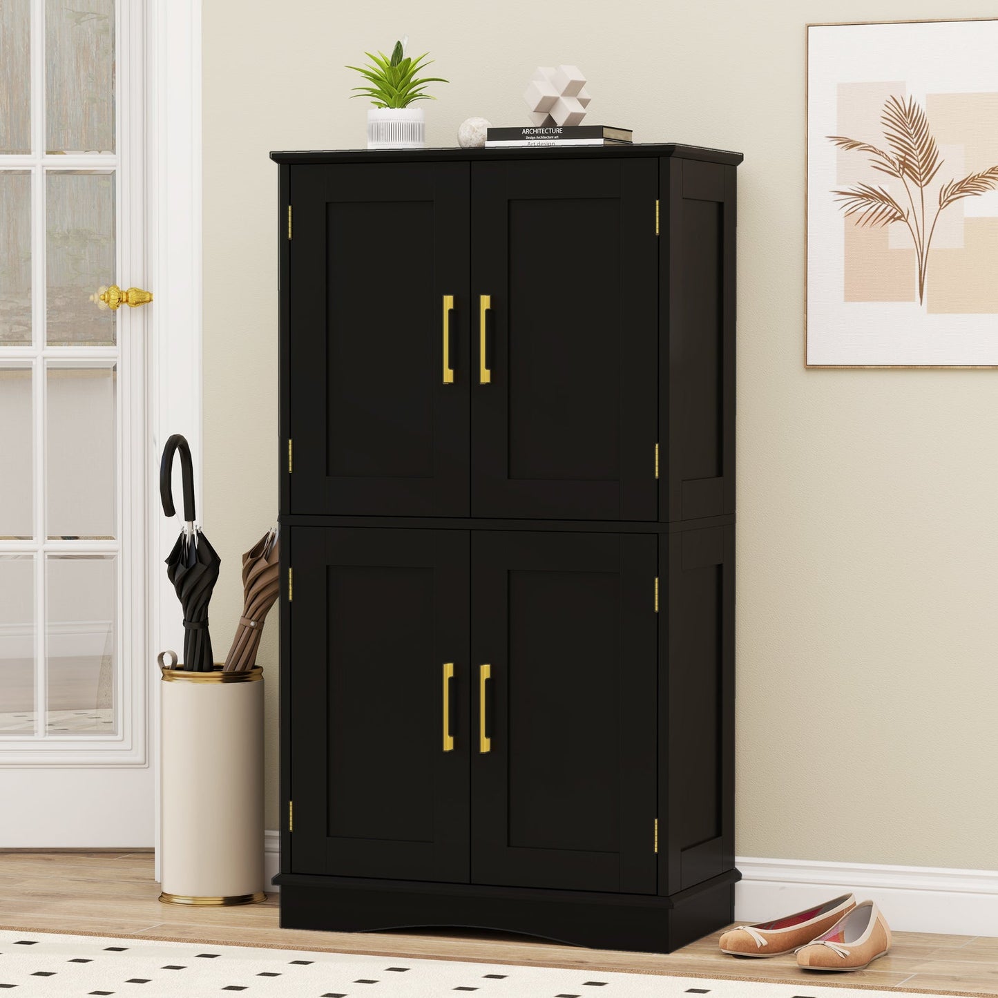 110 cm Freestanding Pantry Cabinet with 4 Doors and 2 Adjustable Shelves