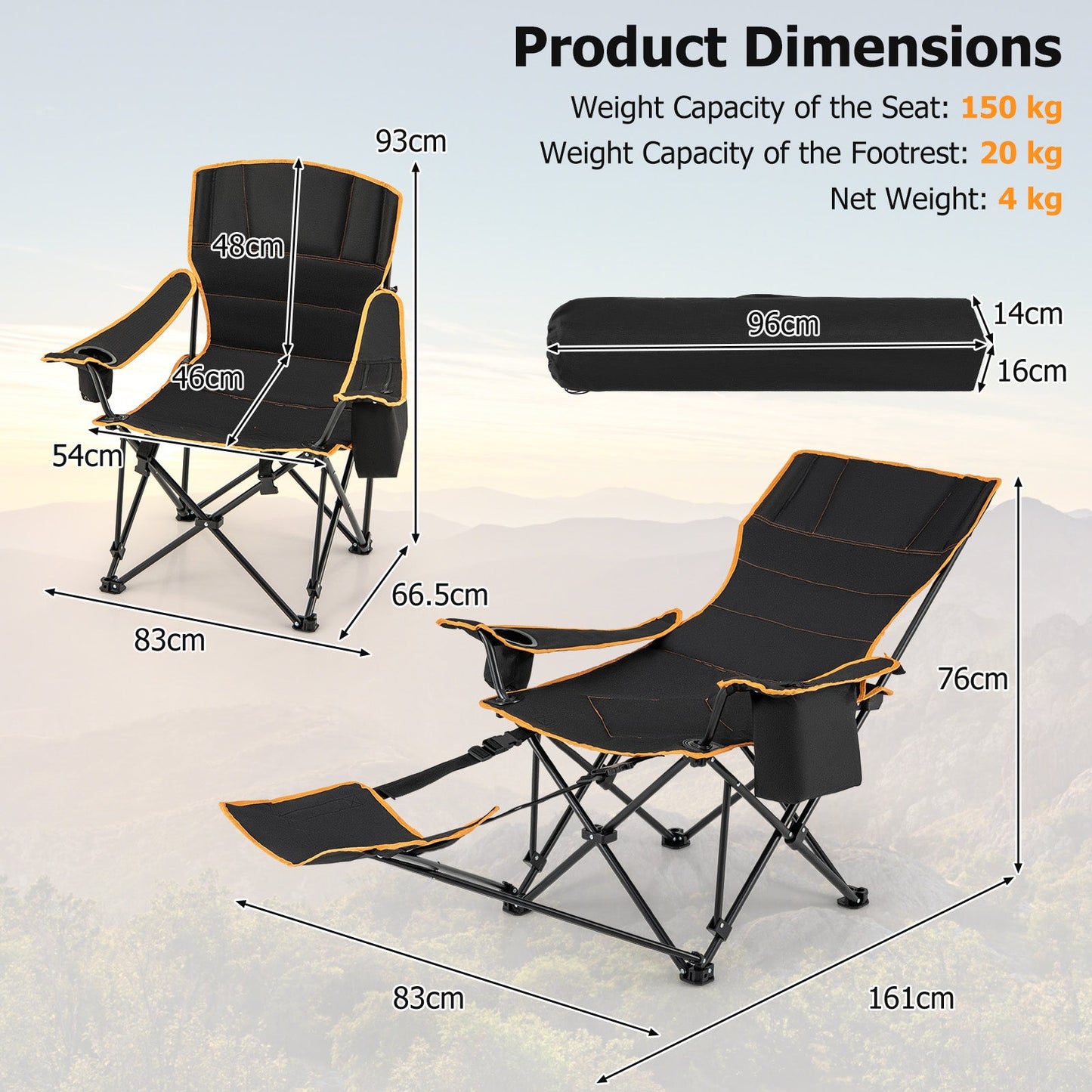 Folding Camping Chair with Footrest, Camping Lounge Chair with Adjustable Backrest