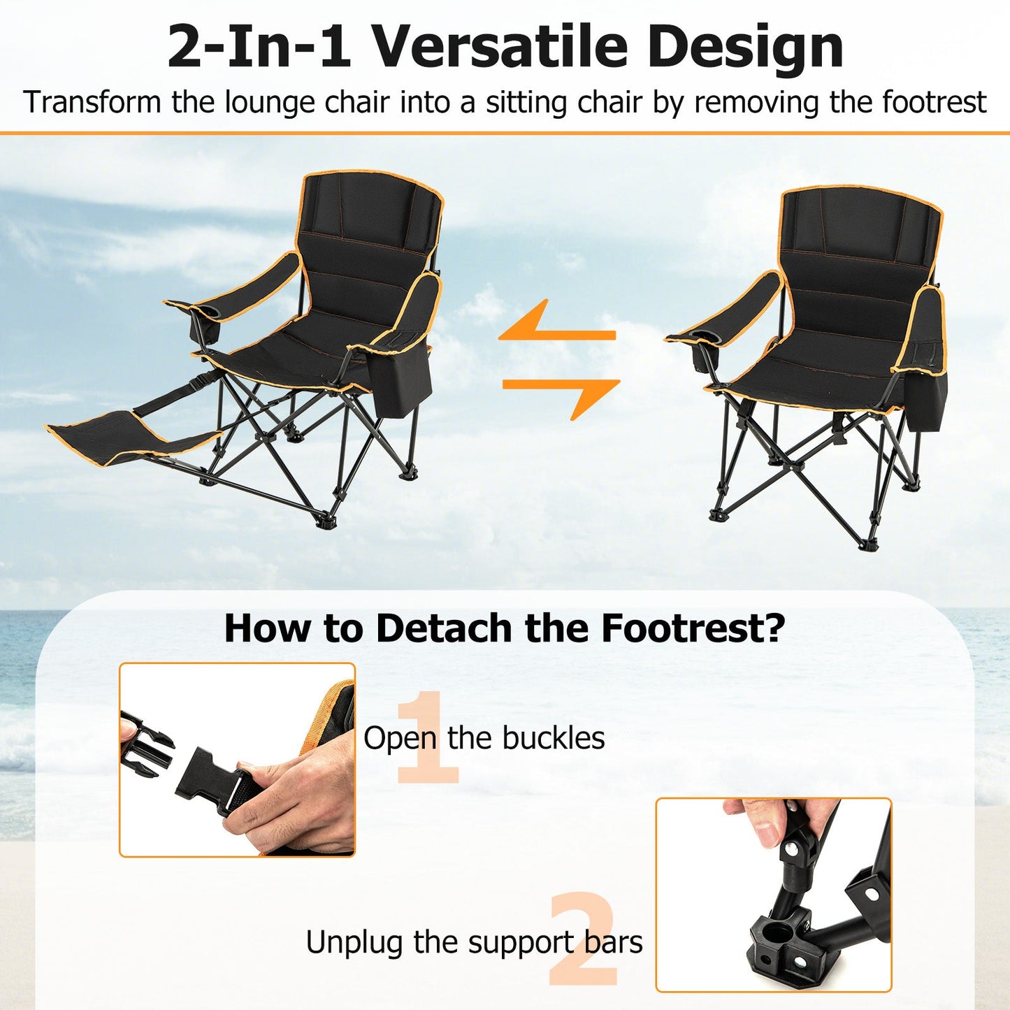 Folding Camping Chair with Footrest, Camping Lounge Chair with Adjustable Backrest