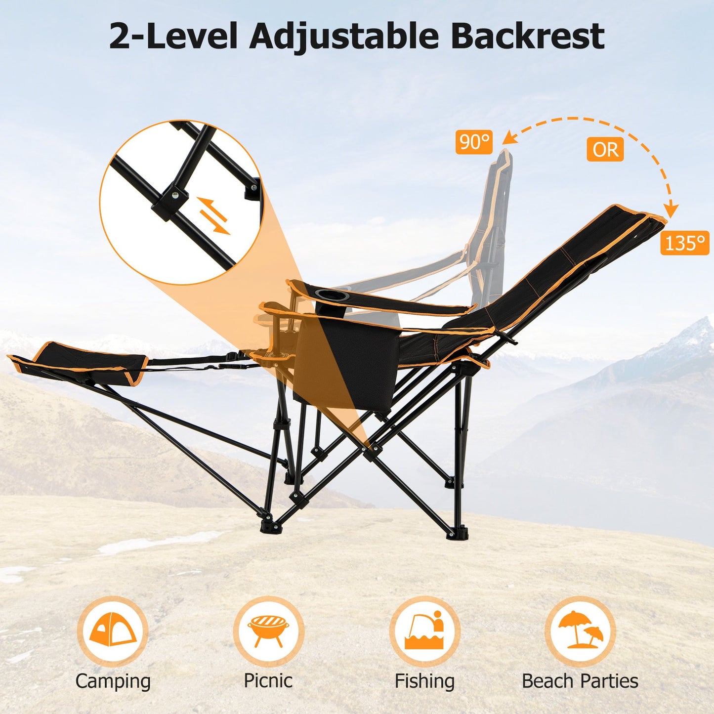 Folding Camping Chair with Footrest, Camping Lounge Chair with Adjustable Backrest