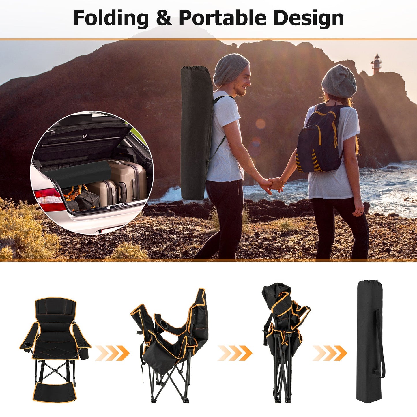 Folding Camping Chair with Footrest, Camping Lounge Chair with Adjustable Backrest