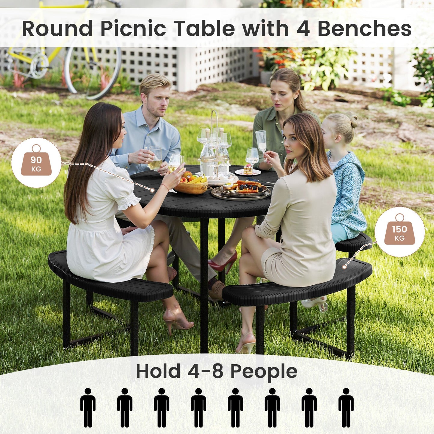 Round Picnic Table Bench Set, Outdoor Circular Picnic Table with 4 Benches