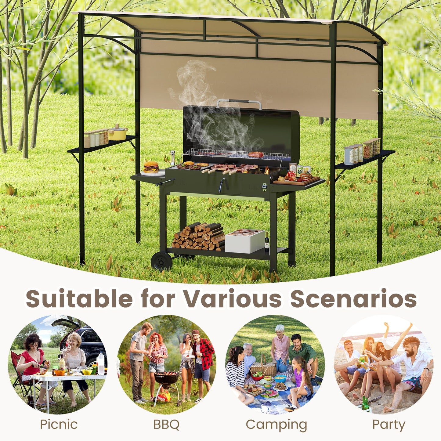 238 x 134 cm Grill Gazebo, Outdoor Patio BBQ Canopy w/ Steel Shelves