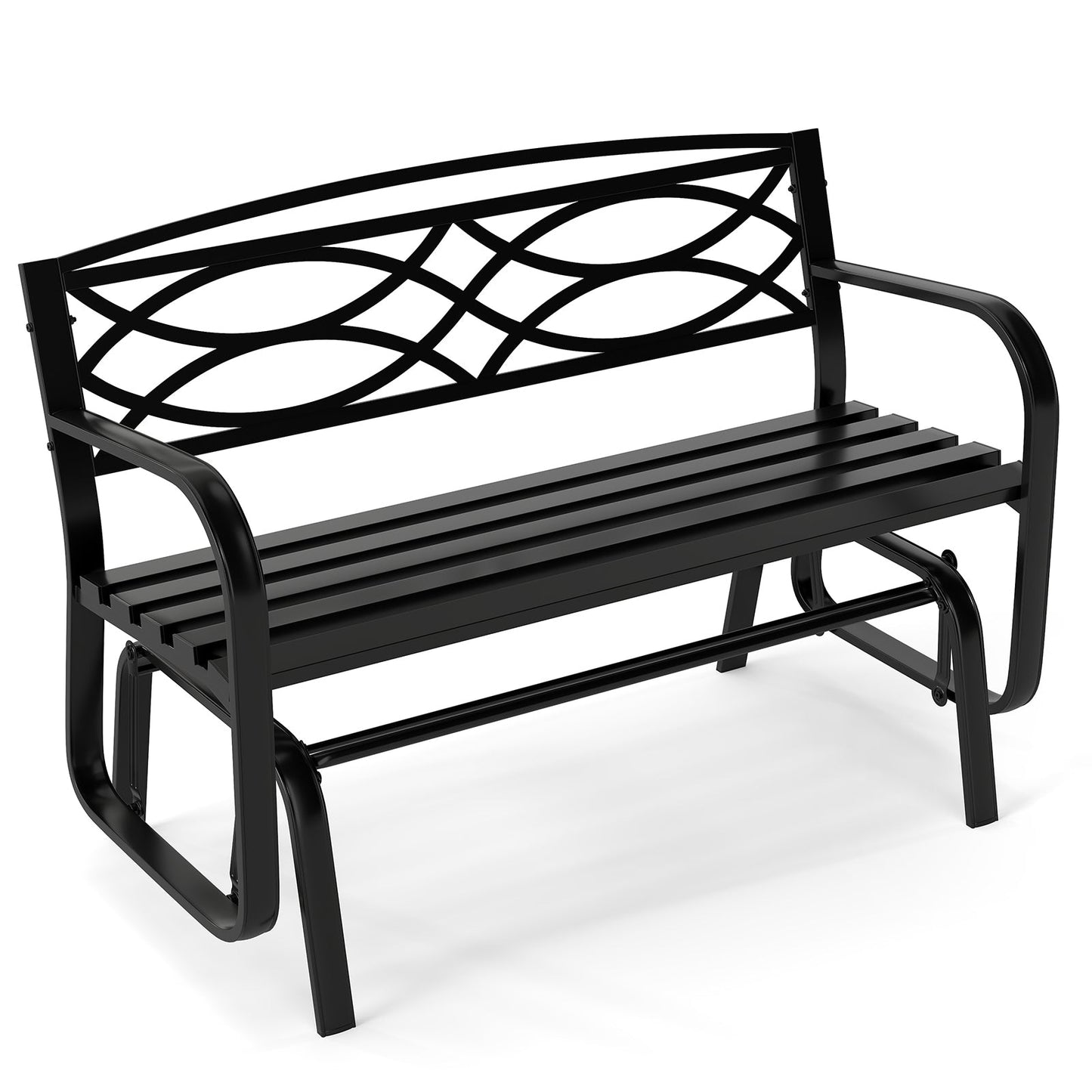 Patio Rocking Loveseat Chair with Metal Frame, Armrests, Geometric Backrest and Slatted Seat for Porch