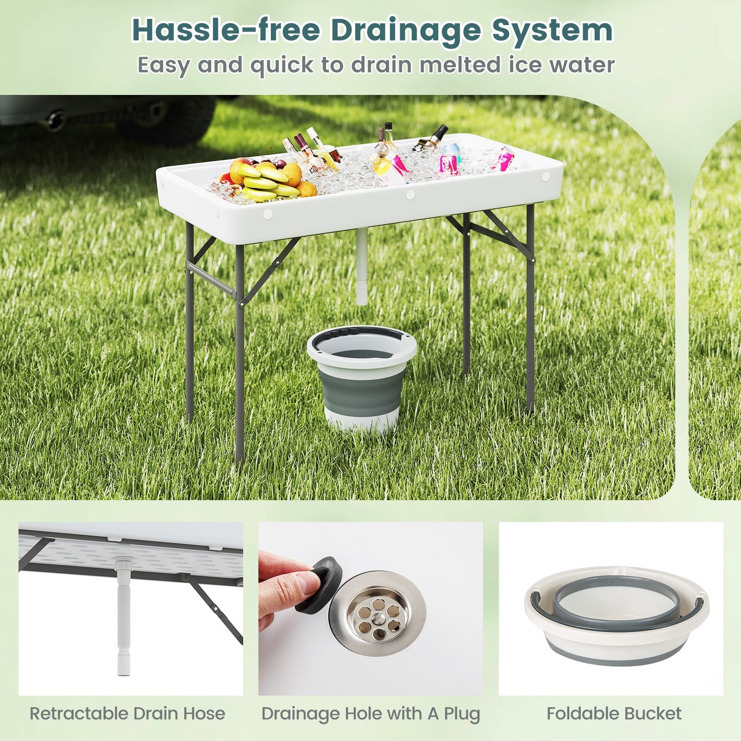 4 FT Folding Ice Table, Portable Outdoor Cooler Table with Drain