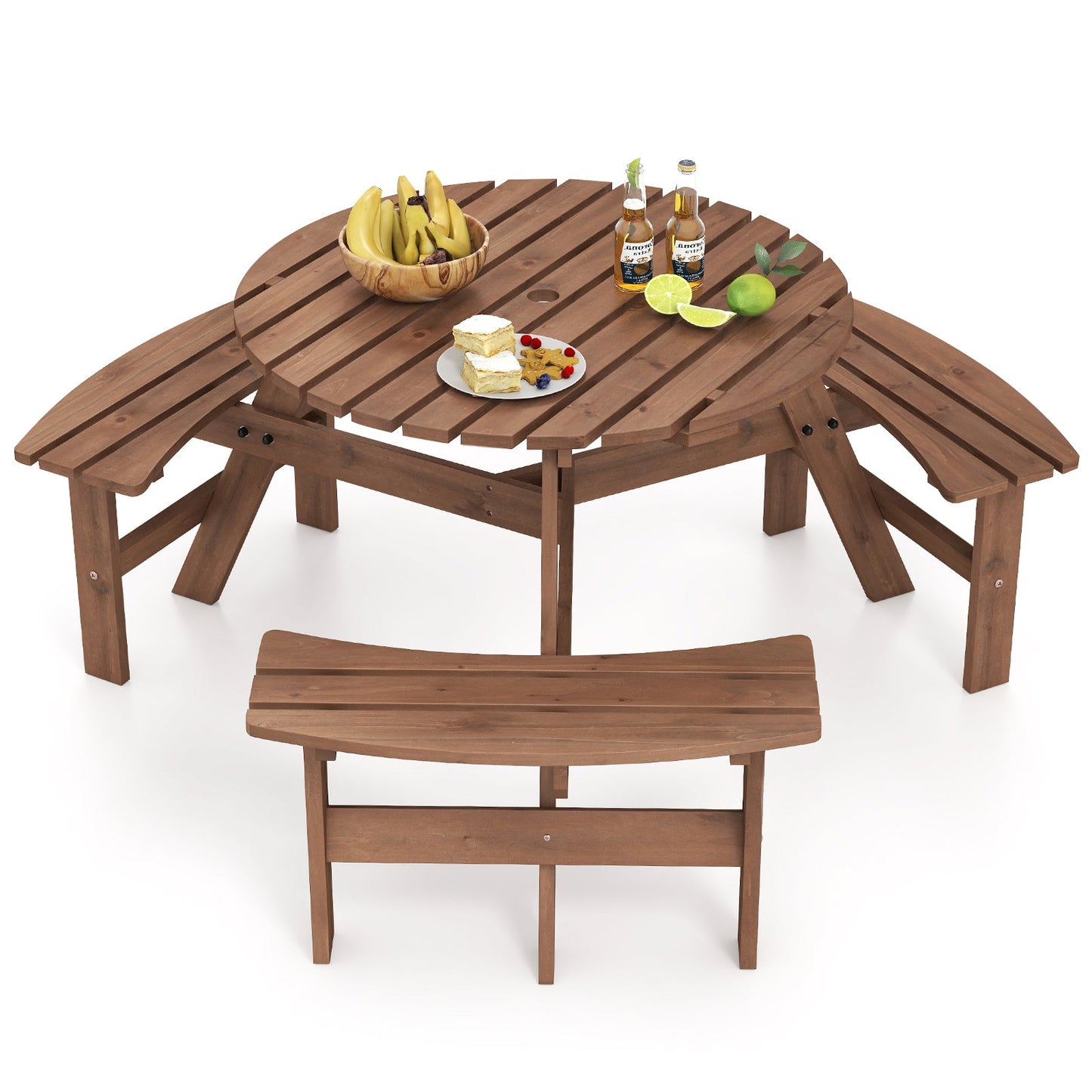 Round Picnic Table Set Patio Dining Camping Table w/ Built-in 3 Benches