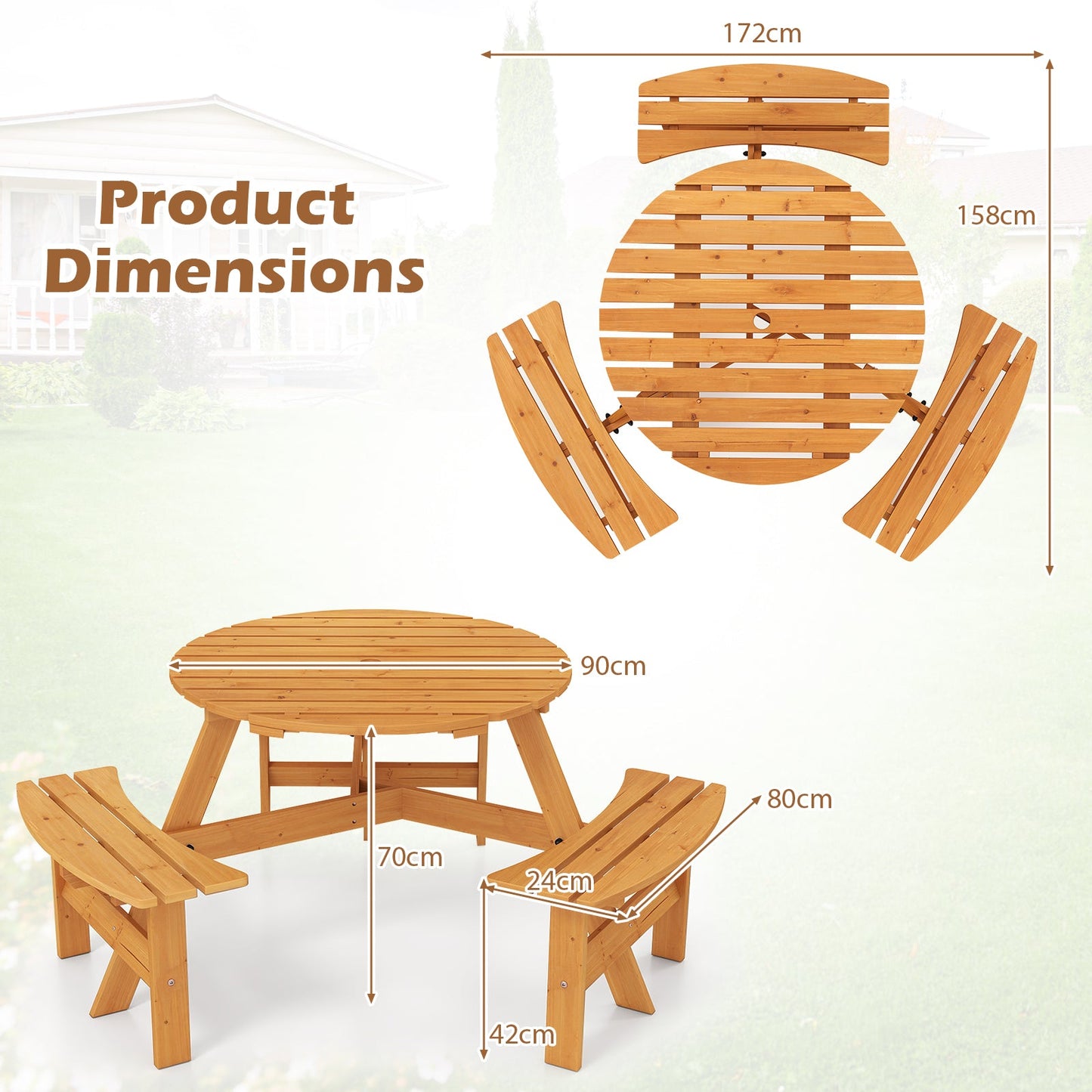 Round Picnic Table Set Patio Dining Camping Table w/ Built-in 3 Benches