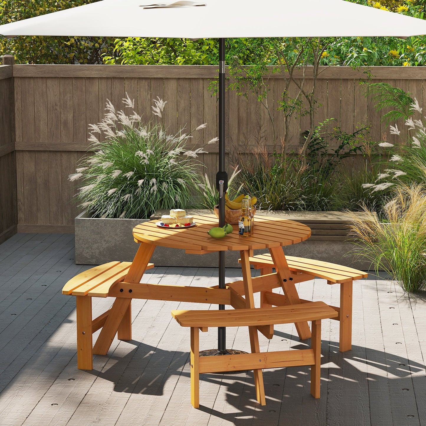 Round Picnic Table Set Patio Dining Camping Table w/ Built-in 3 Benches