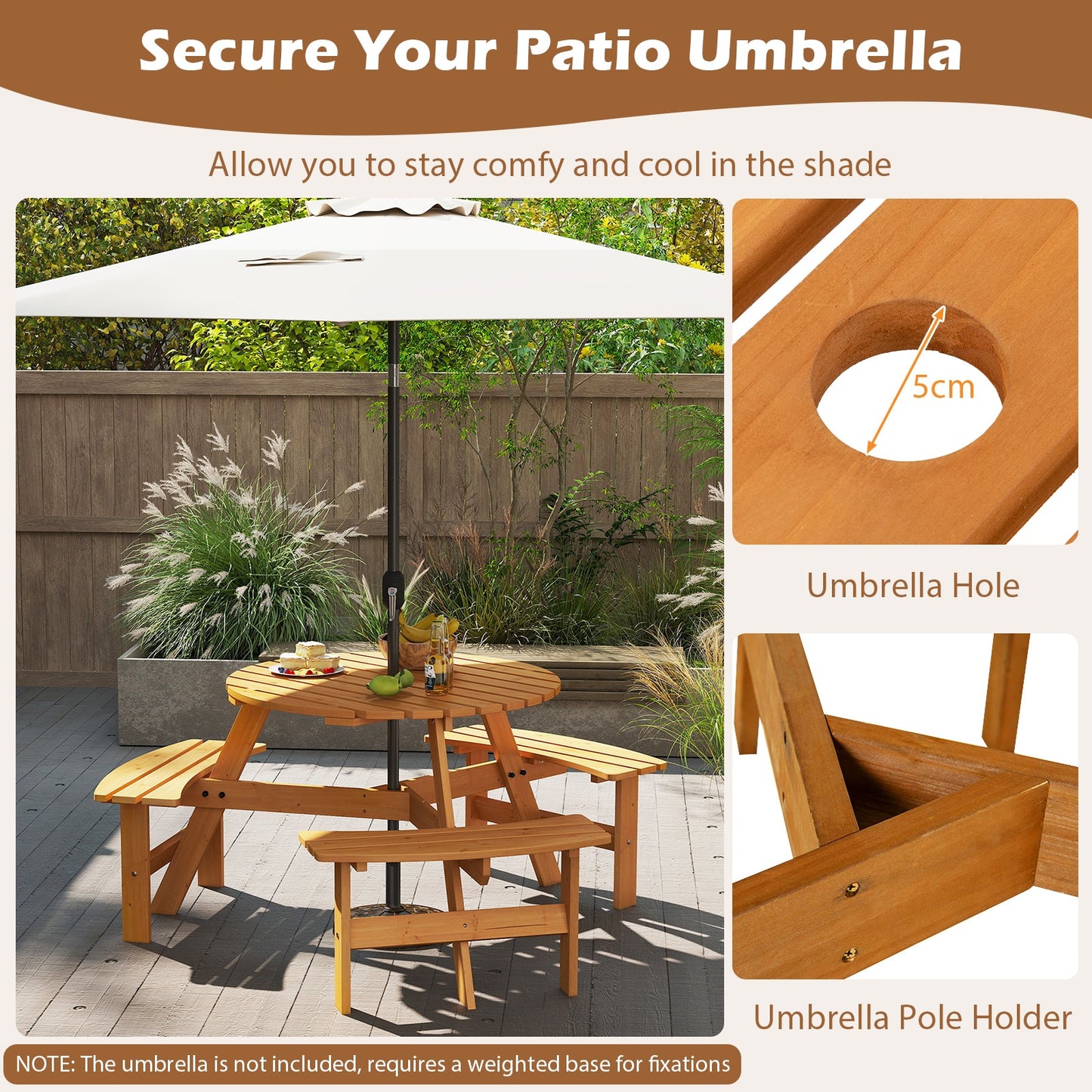 Round Picnic Table Set Patio Dining Camping Table w/ Built-in 3 Benches