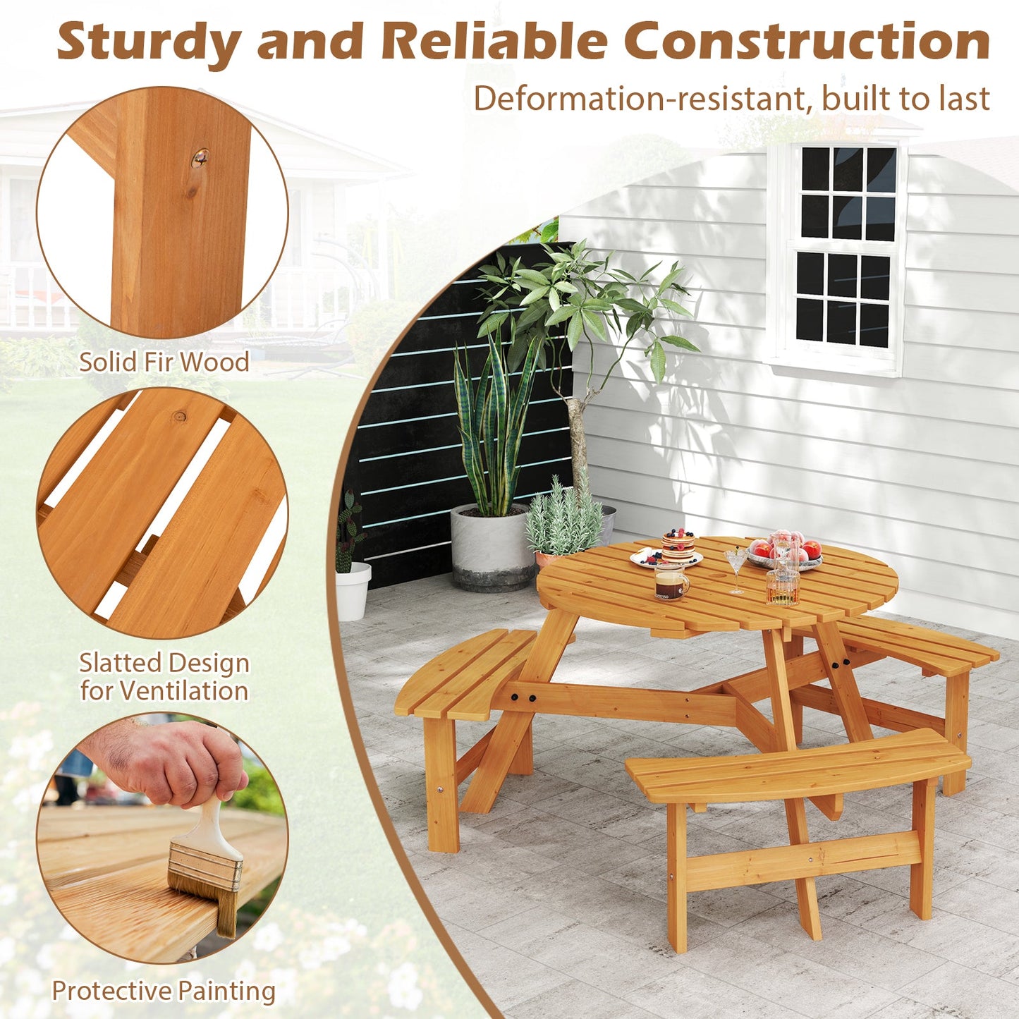 Round Picnic Table Set Patio Dining Camping Table w/ Built-in 3 Benches