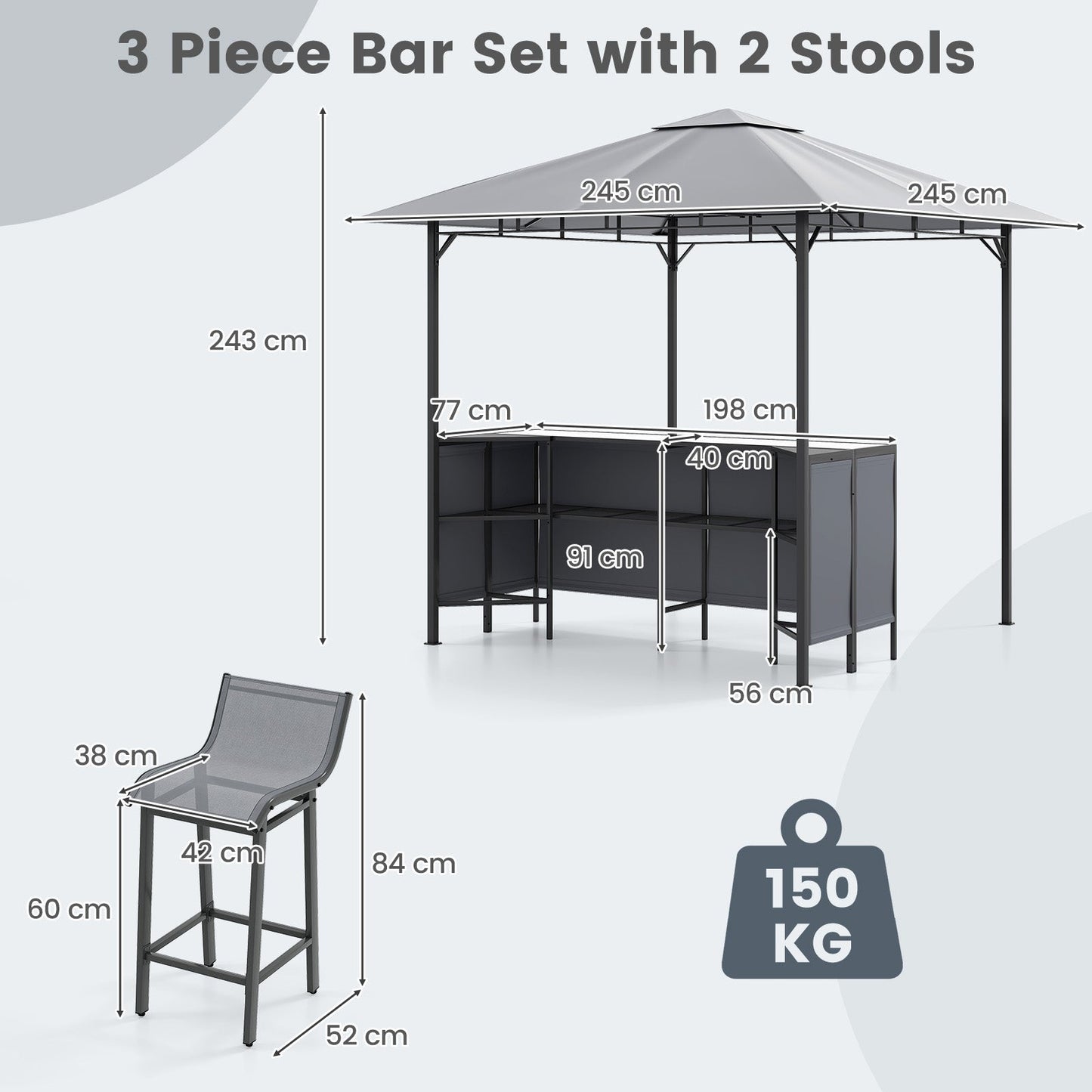 3-Piece Patio Bar Set, 2.5 x 2.5 m Double-Tier Grill Gazebo w/ 2 Bar Stools