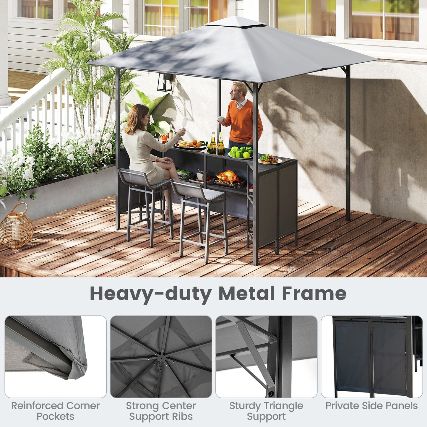 3-Piece Patio Bar Set, 2.5 x 2.5 m Double-Tier Grill Gazebo w/ 2 Bar Stools