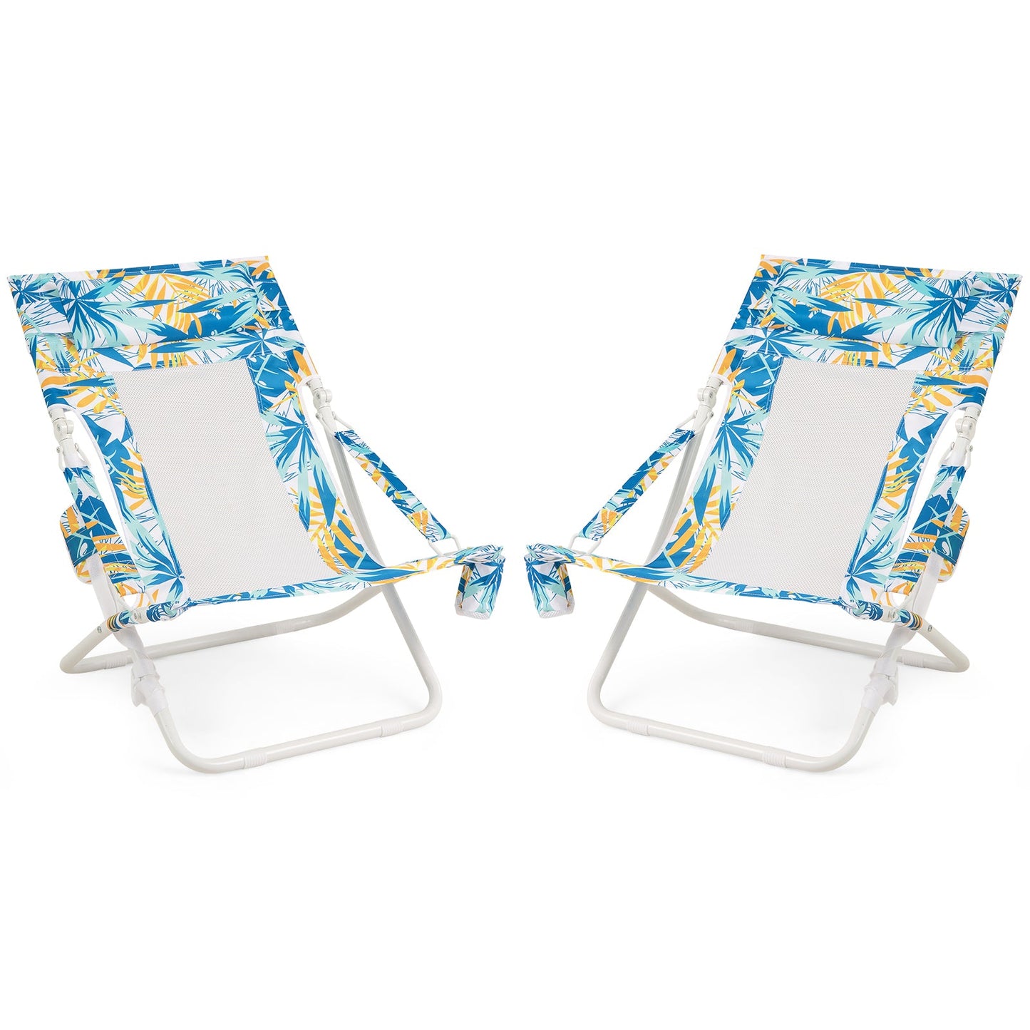 Folding Low Beach Chair, Set of 2, Patio Sling Chairs w/ Padded Head Pillow