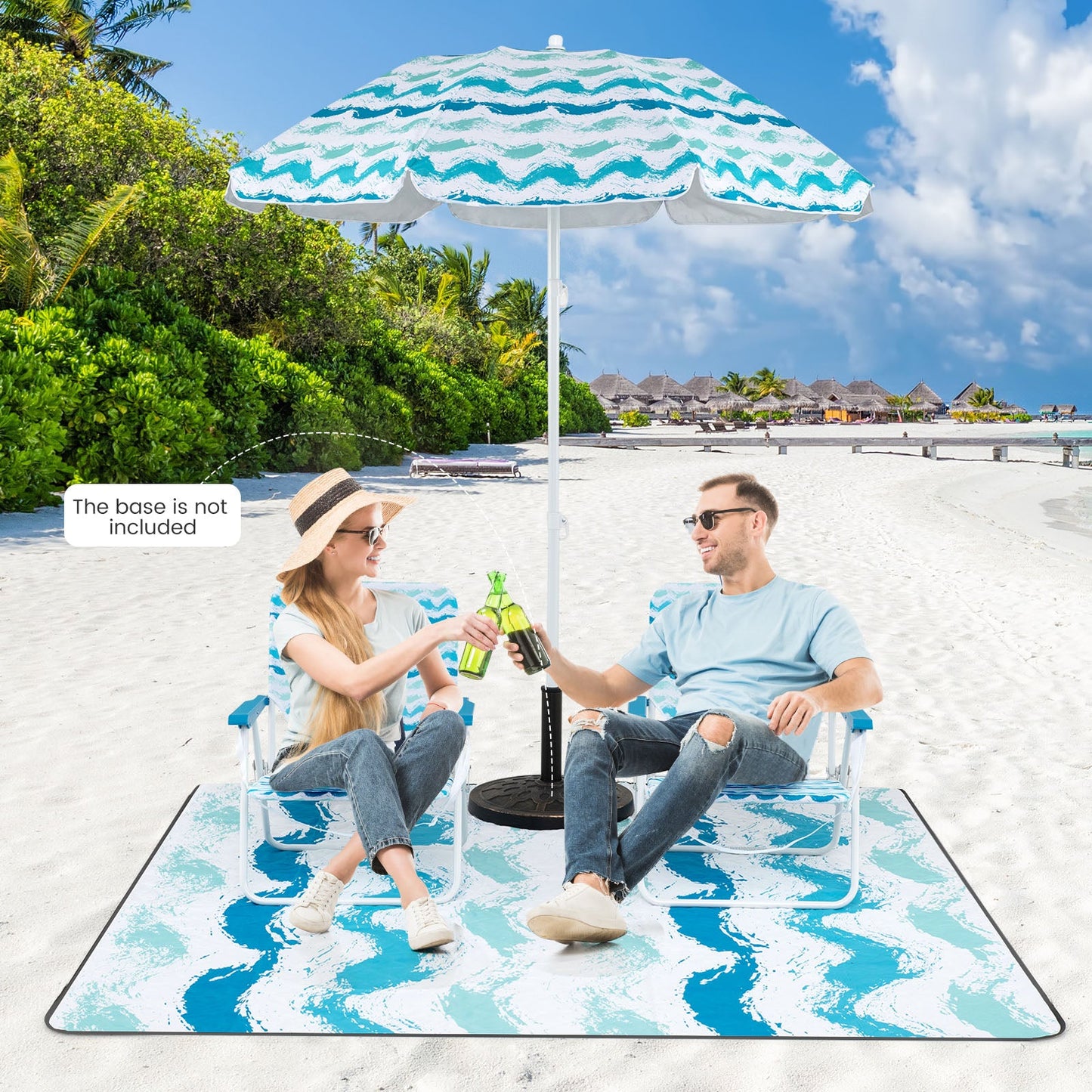 4 Pieces Beach Umbrella Set w/ 2 Foldable Chairs & Picnic Blanket