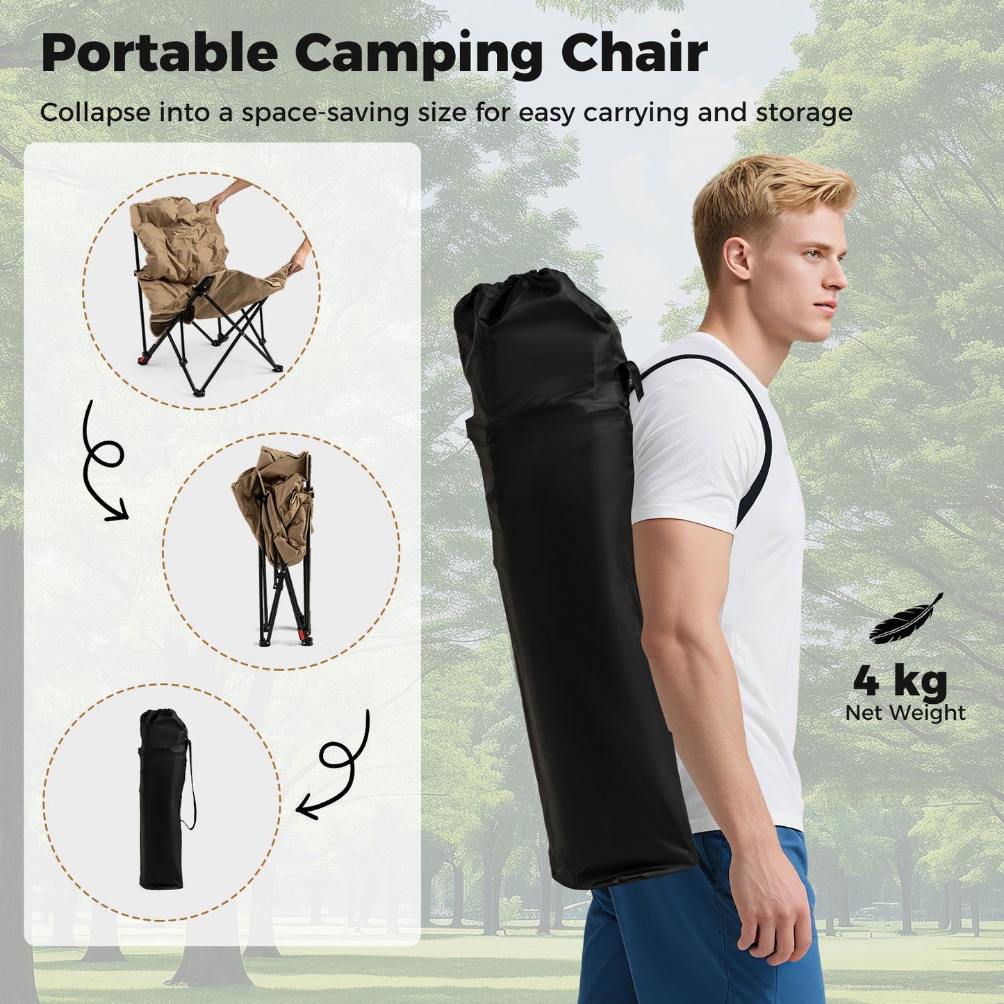 Folding Camping Chair for Adults, Portable Lounge Recliner w/ Adjustable Backrest