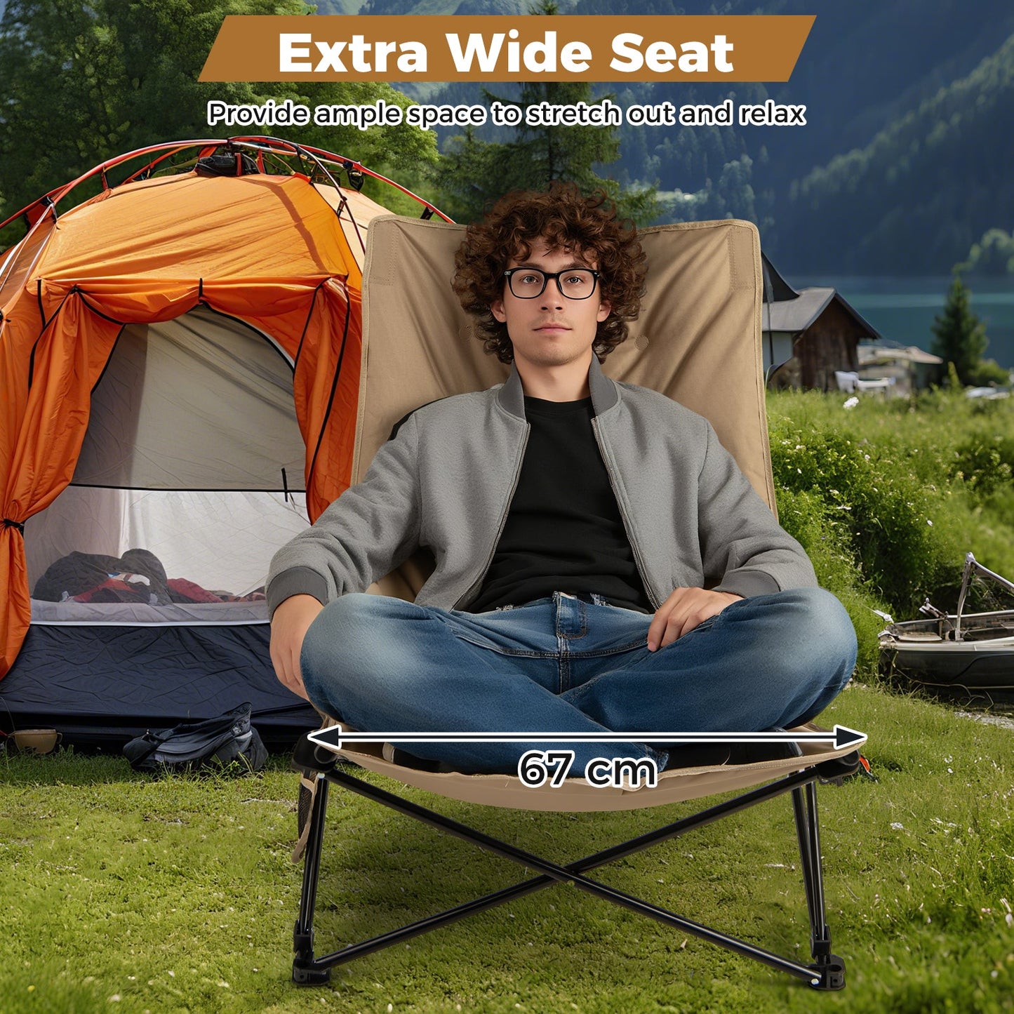 Folding Camping Chair for Adults, Portable Lounge Recliner w/ Adjustable Backrest