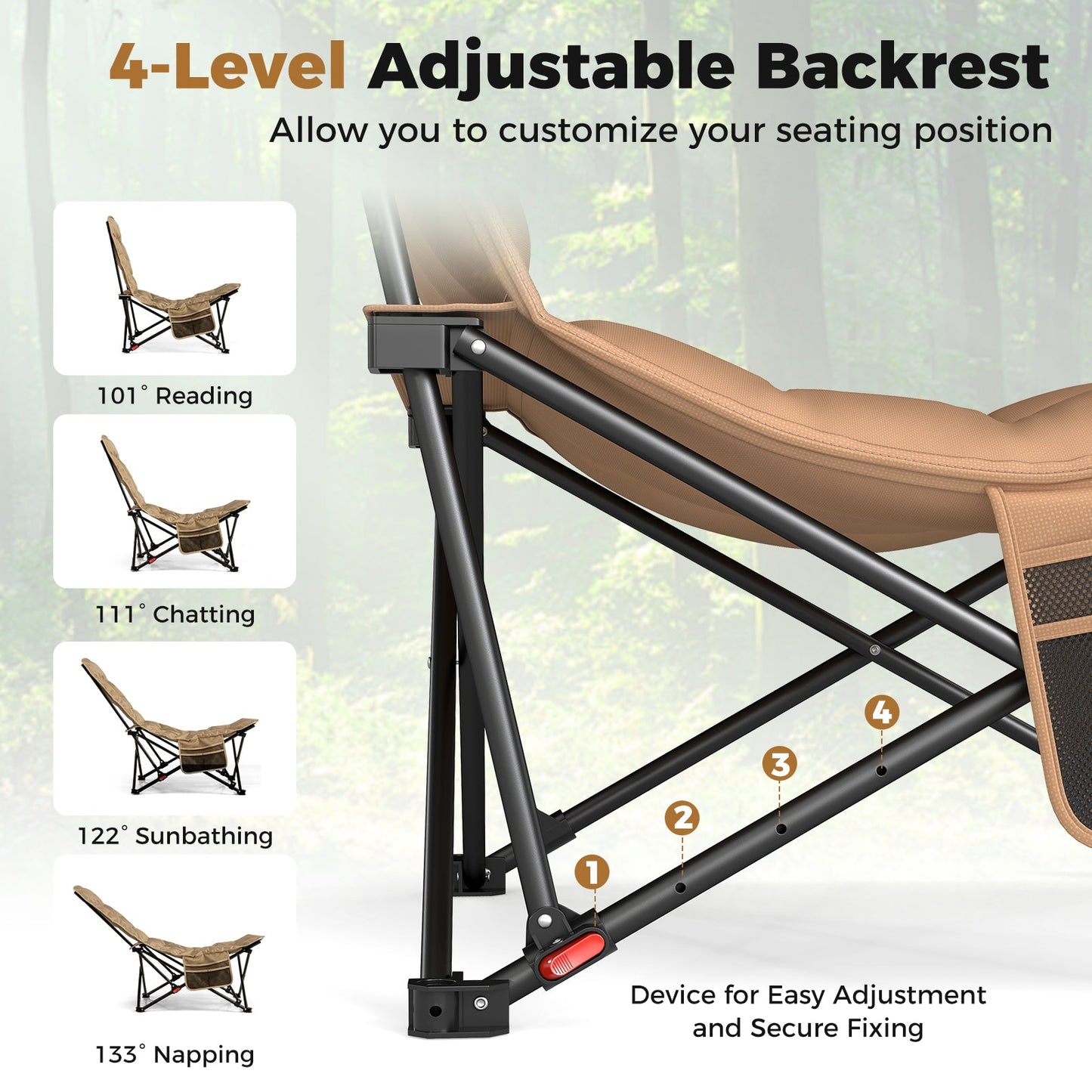 Folding Camping Chair for Adults, Portable Lounge Recliner w/ Adjustable Backrest