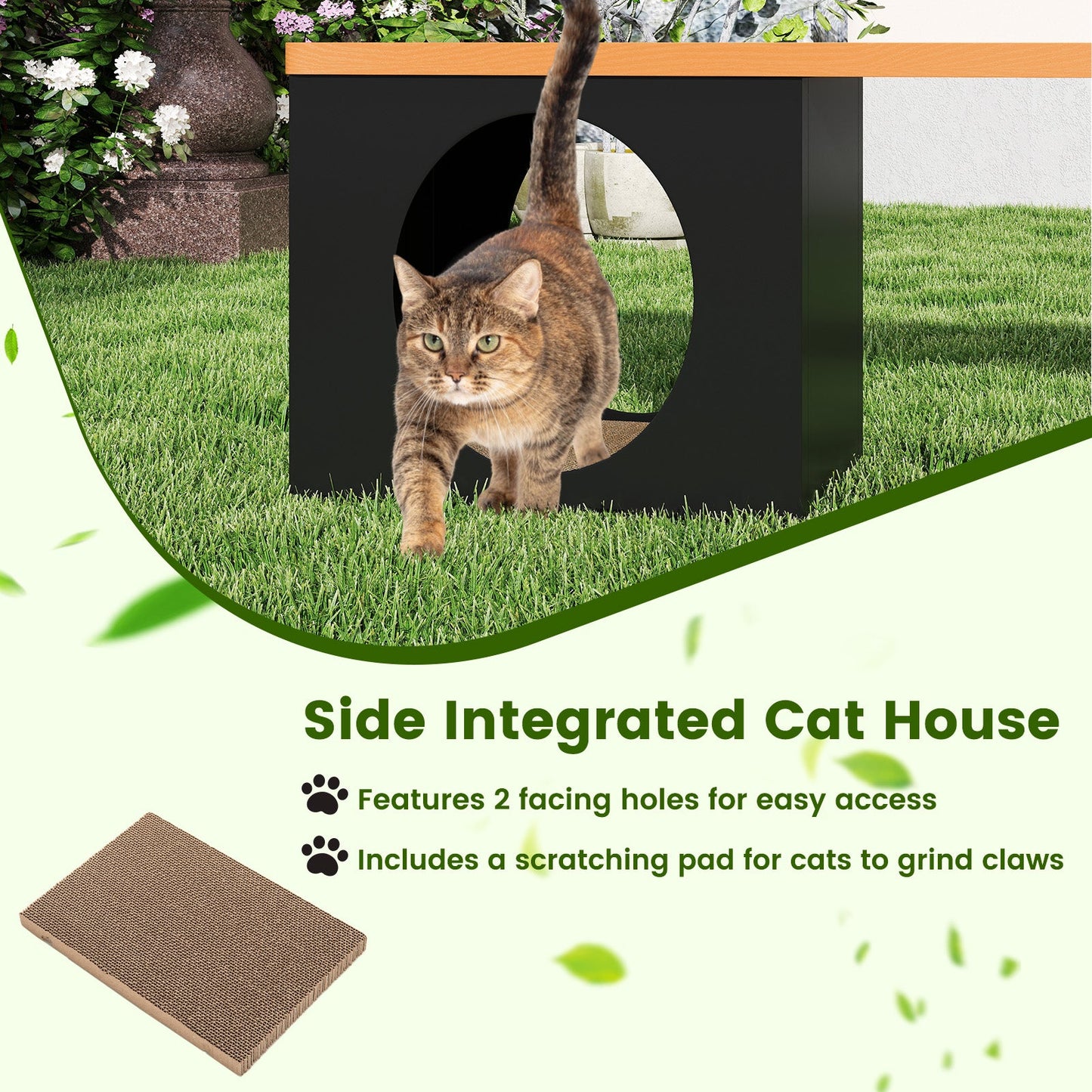150 CM Long Outdoor Metal Bench w/ Cat House, Scratching Pad