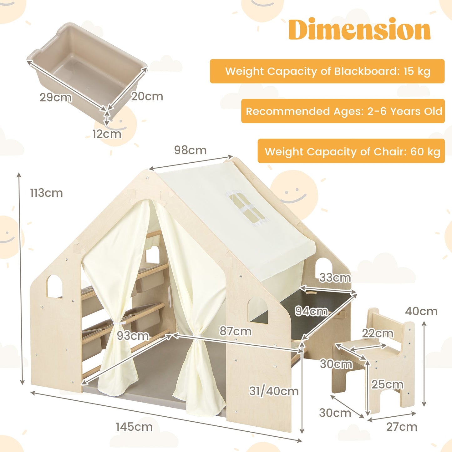 6-in-1 Kids Playhouse Wooden Indoor Play Tent w/ Blackboard