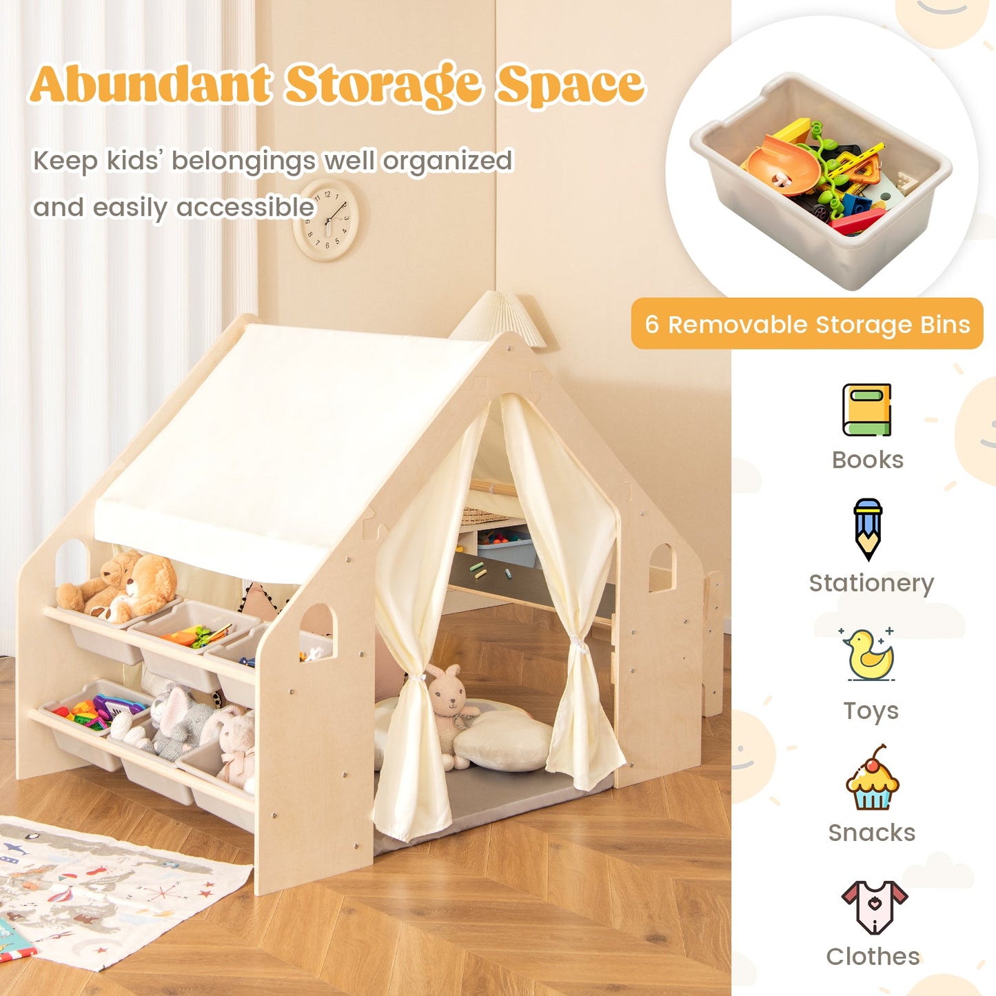 6-in-1 Kids Playhouse Wooden Indoor Play Tent w/ Blackboard