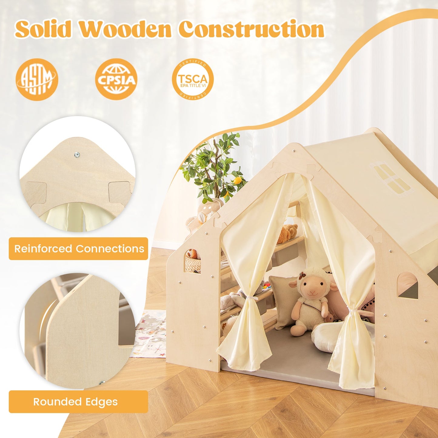 6-in-1 Kids Playhouse Wooden Indoor Play Tent w/ Blackboard